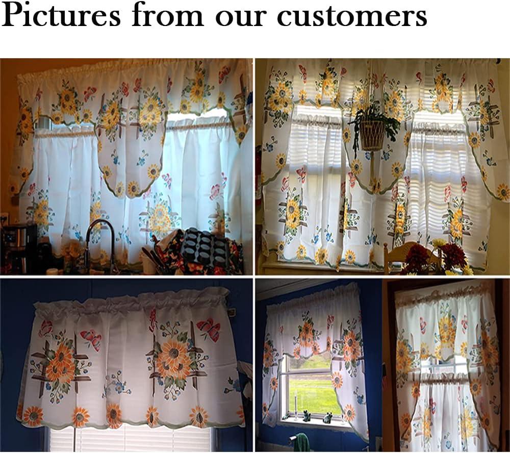 GOHD 3pcs Farmhouse Kitchen Cafe Curtain Set Air Brushed by Hand of Sunflower and Butterfly Design on Thick Satin Fabric (Swag and 24 inches Tiers Set)