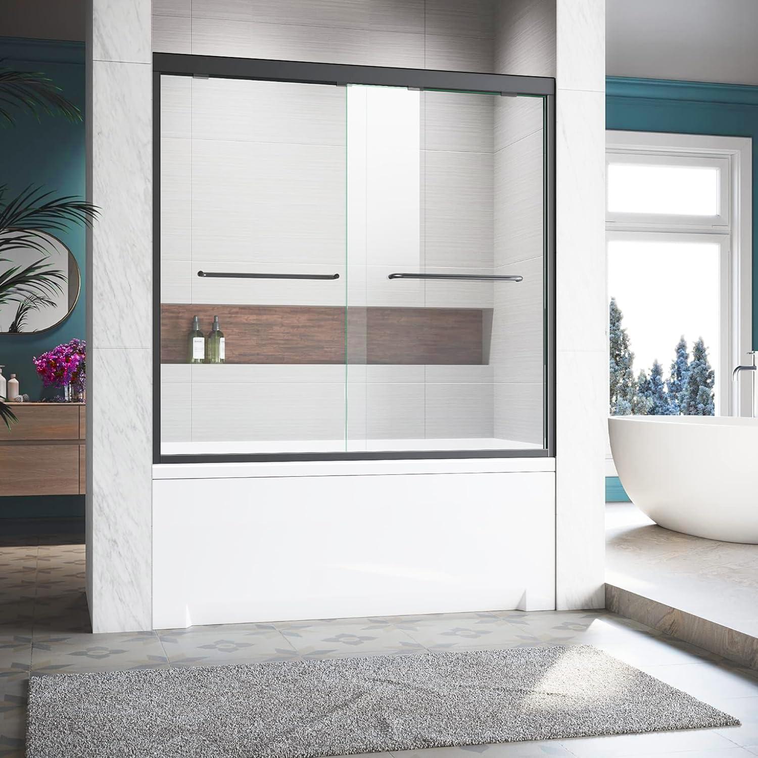 Sliding Glass Tub Door 56-60 In. W X 57 In. H, Semi Frameless Double Bathtub Door, Certified Thick Clear Clear Tempered Glass, 304 Stainless Steel Handles.