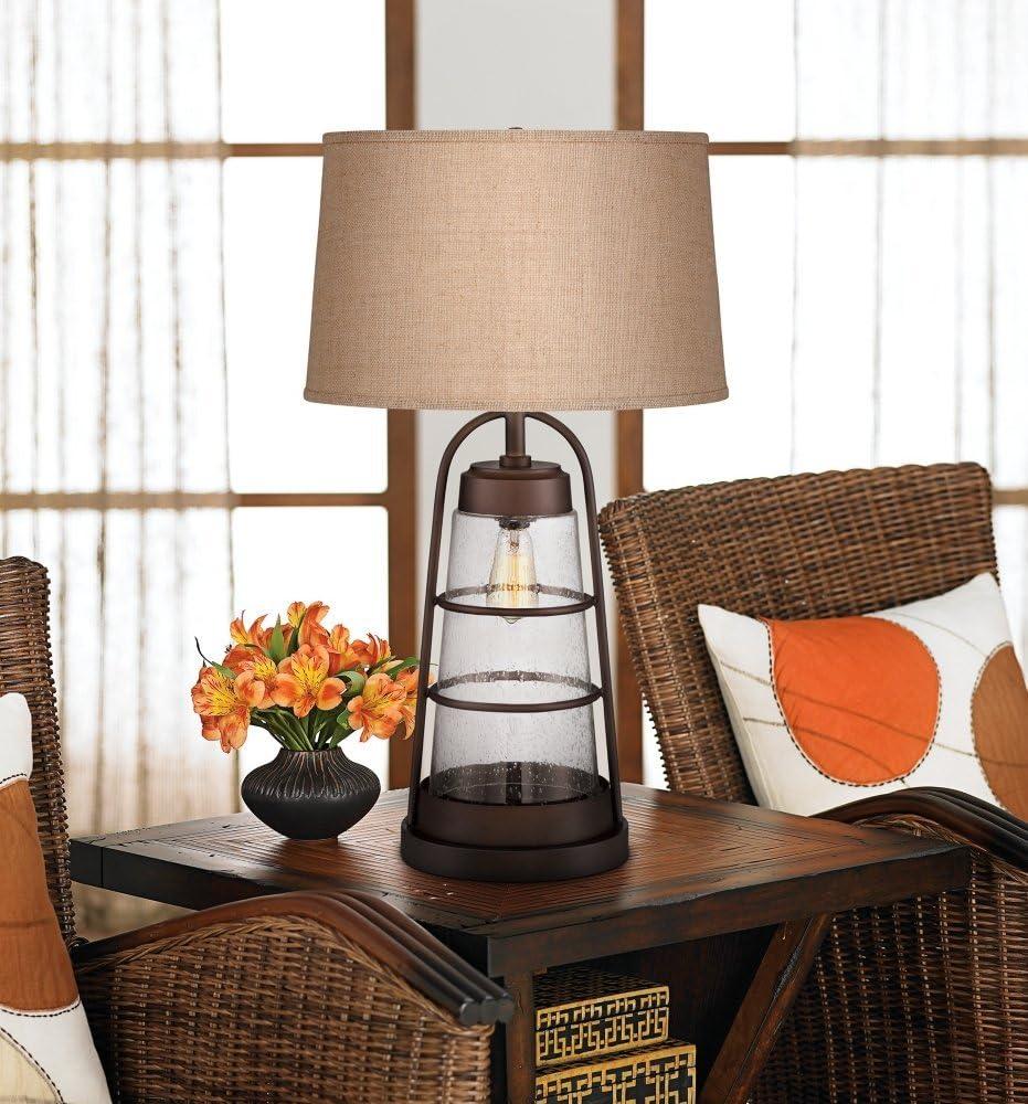 Franklin Iron Works Rustic Farmhouse Table Lamp 31" Tall with Nightlight Bronze Clear Seeded Glass Burlap Shade for Bedroom Living Room House Bedside