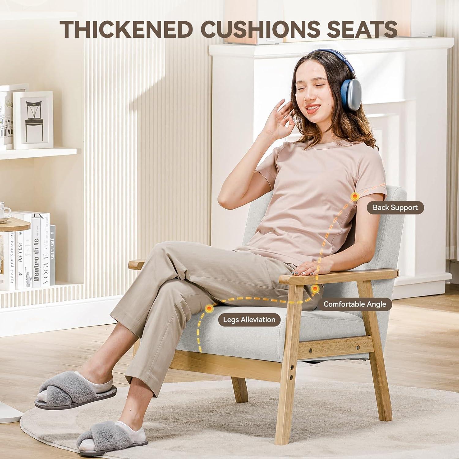 Beige Upholstered Wood Frame Ergonomic Accent Chair