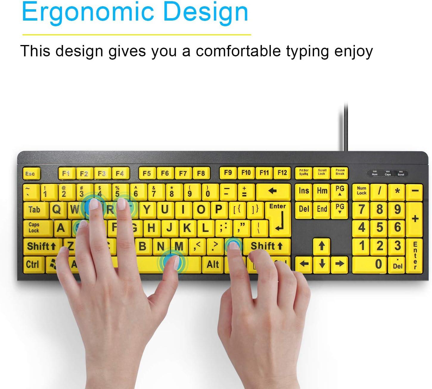 Large Print Computer Keyboard, Wired USB High Contrast Keyboard with Oversized Print Letters for Visually Impaired Low Vision Individuals (Yellow+Black)