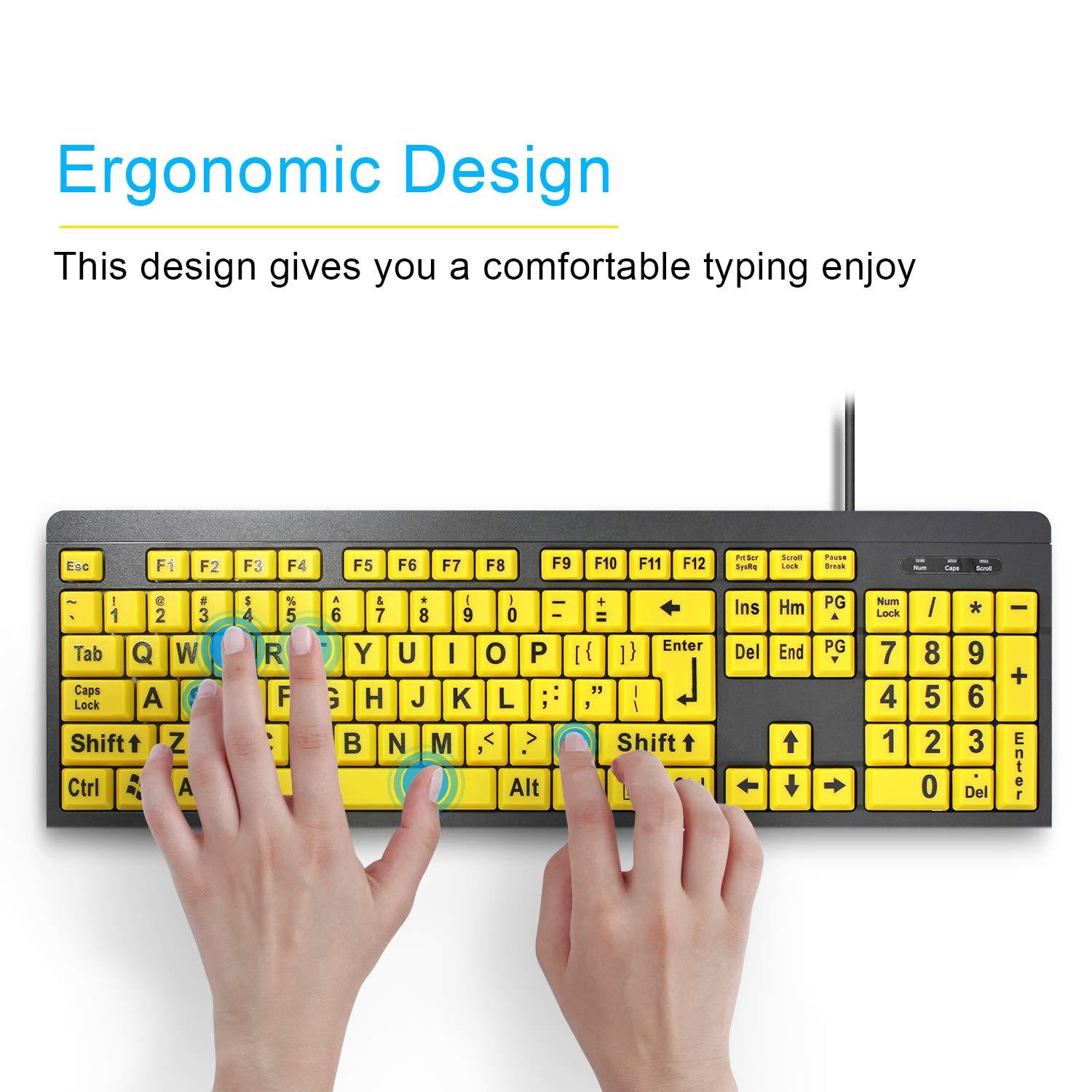 Large Print Computer Keyboard, Wired USB High Contrast Keyboard with Oversized Print Letters for Visually Impaired Low Vision Individuals (Yellow+Black)