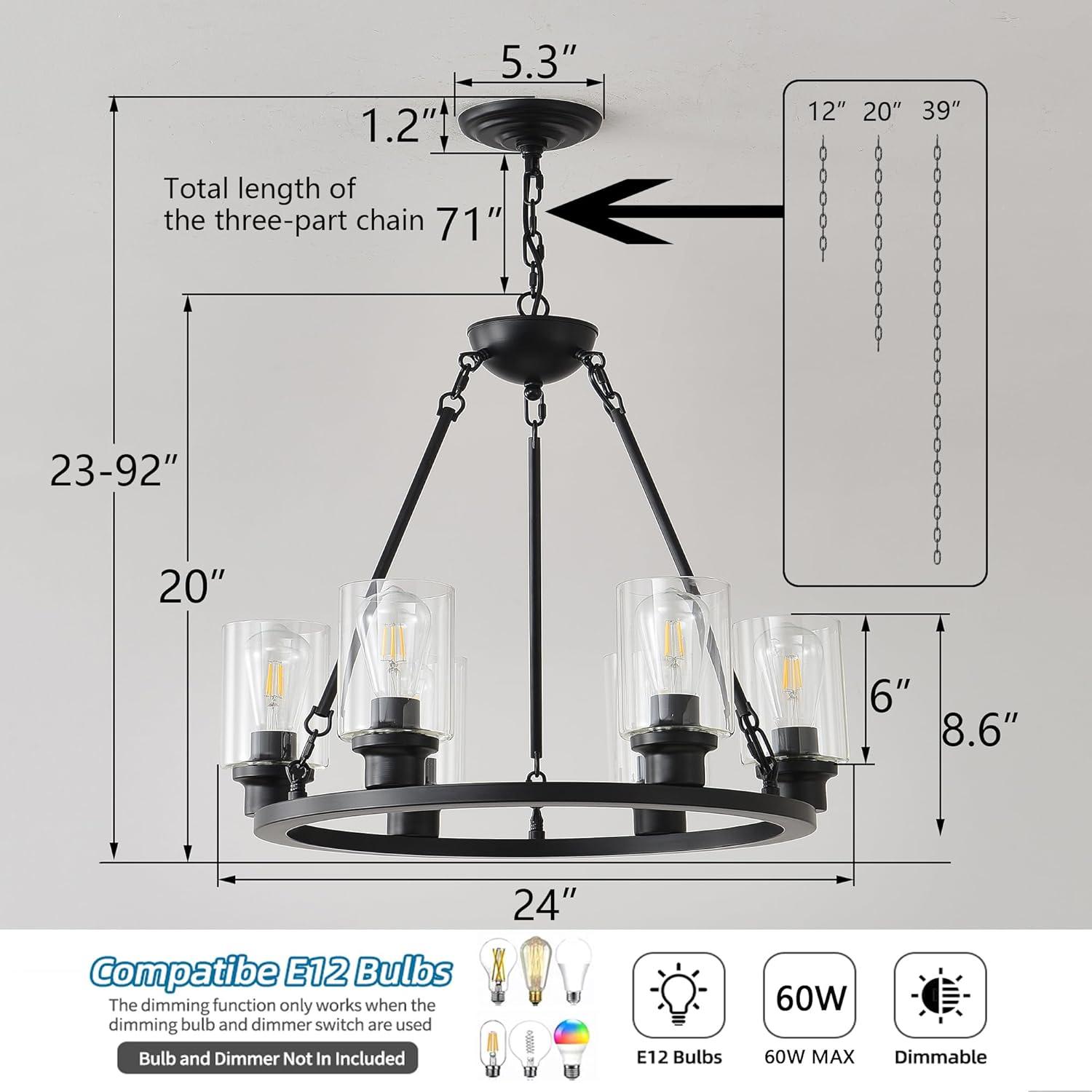 24'' Round Wagon Wheel 6-Light Chandelier Hanging Glass Pendant Light - N/A Black