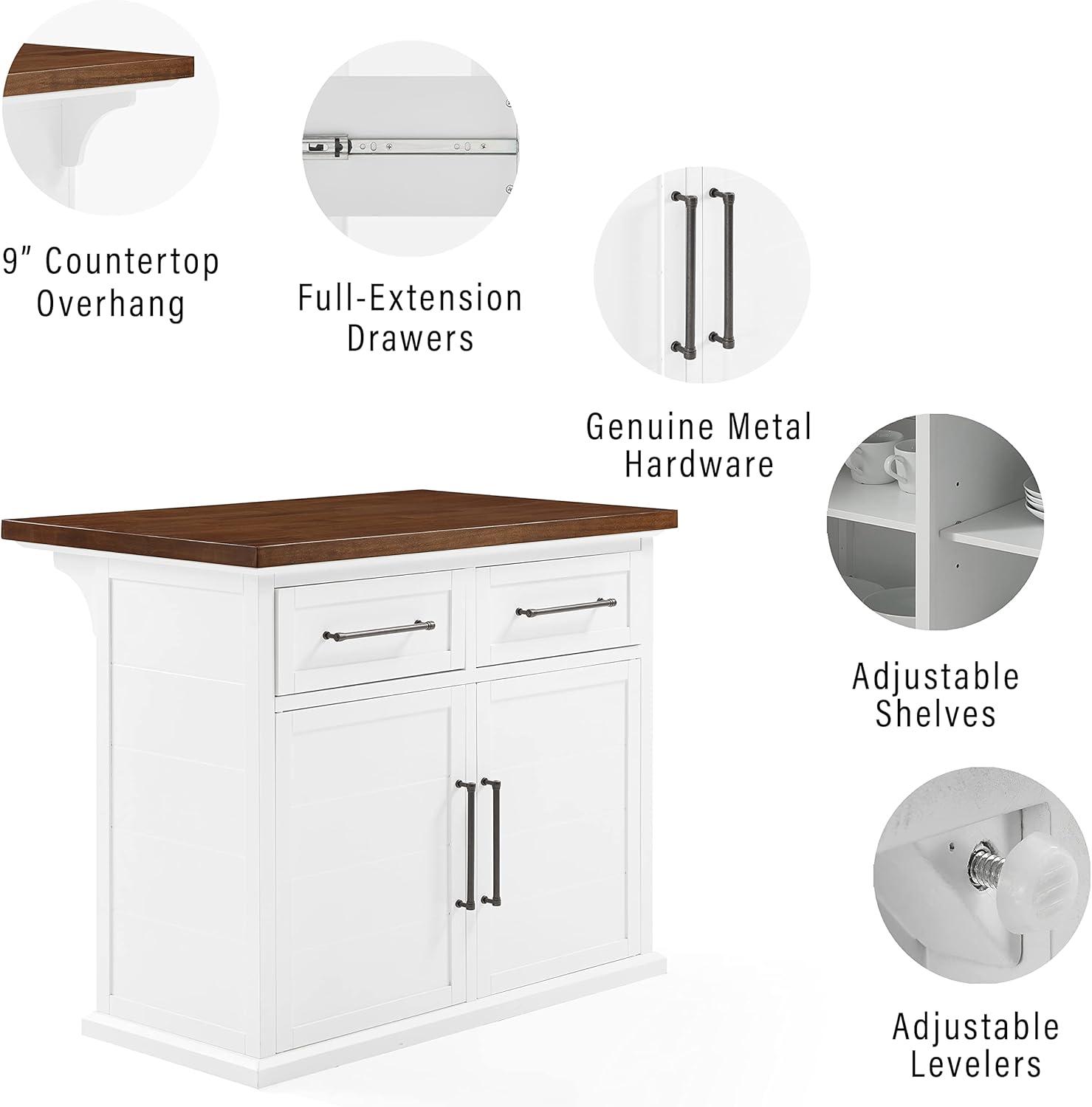 Crosley Bartlett Wood Top Kitchen Island White/Walnut: Traditional Style, Adjustable Shelves, Storage Cart