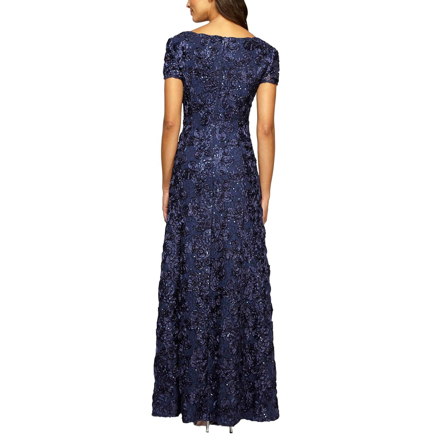Navy Floral Lace Sequin Maxi Dress with Short Sleeves