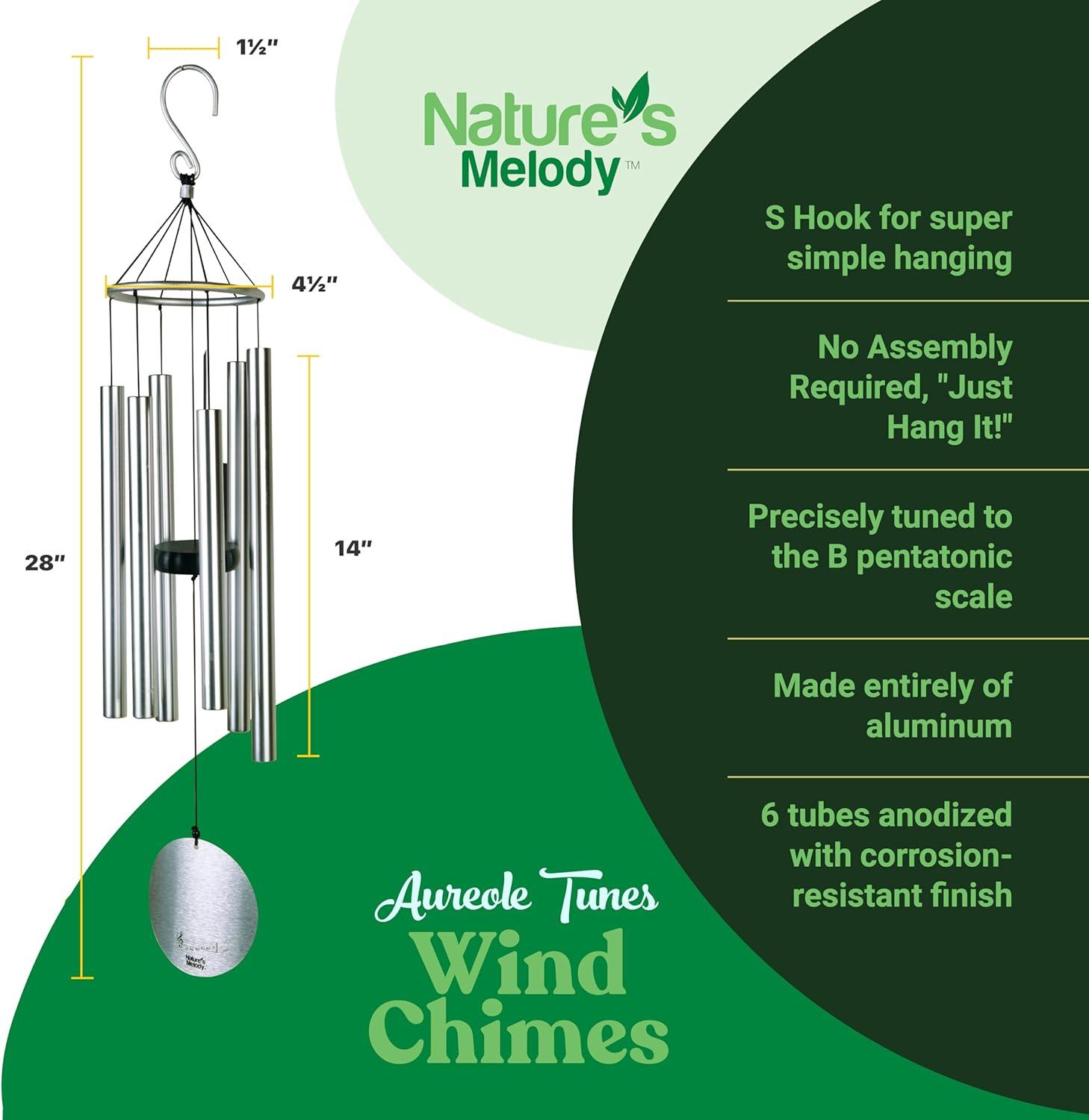 Nature's Melody Aureole Tunes Wind Chimes - 6-Tube Rustproof Aluminum Outdoor Windchime, B Pentatonic Scale - 28" - Silver