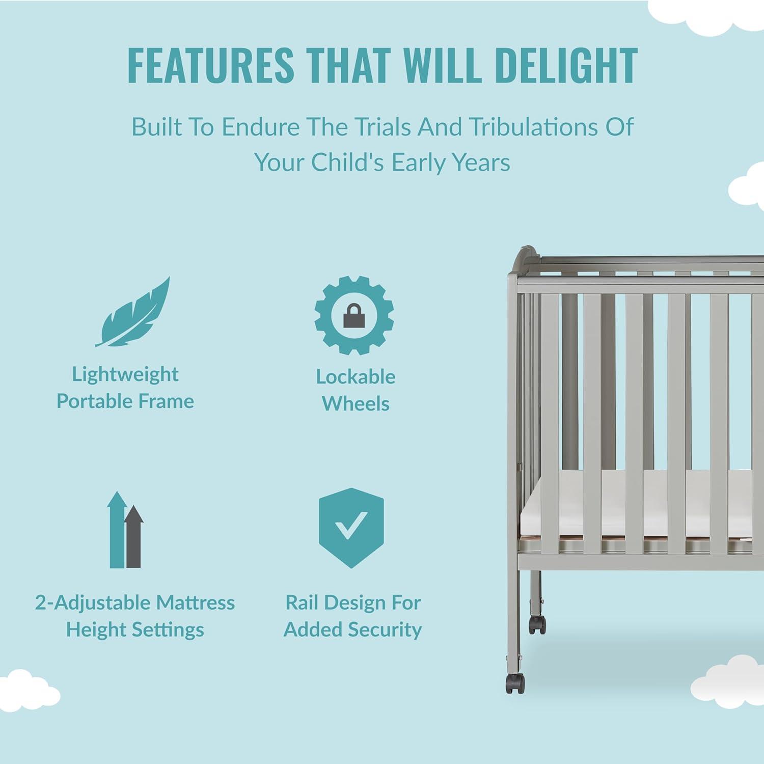 Dream On Me 2-in-1 Folding Portable Mini Crib, Cool Grey