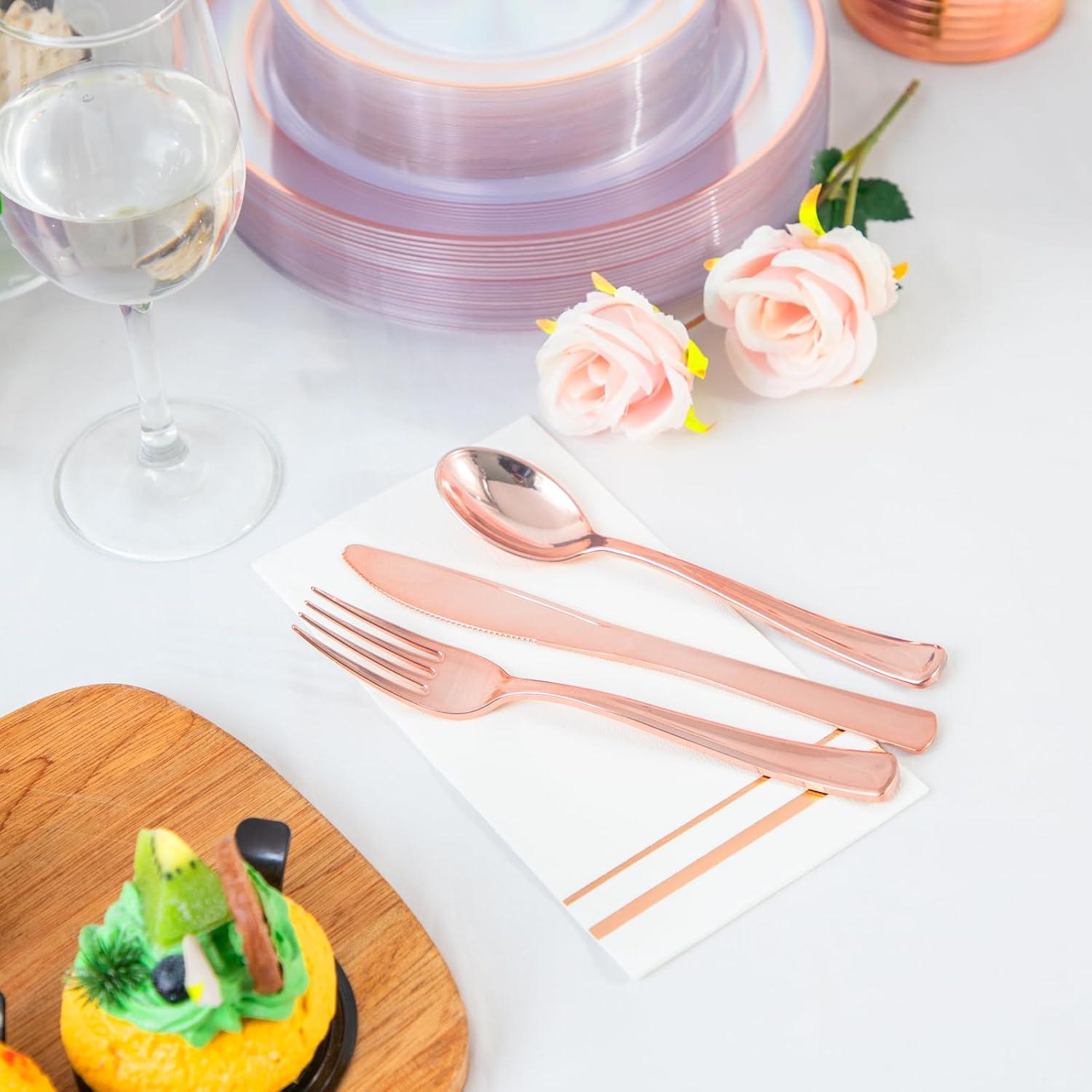 Rose Gold and Clear Plastic Dinnerware Set for 50 Guests