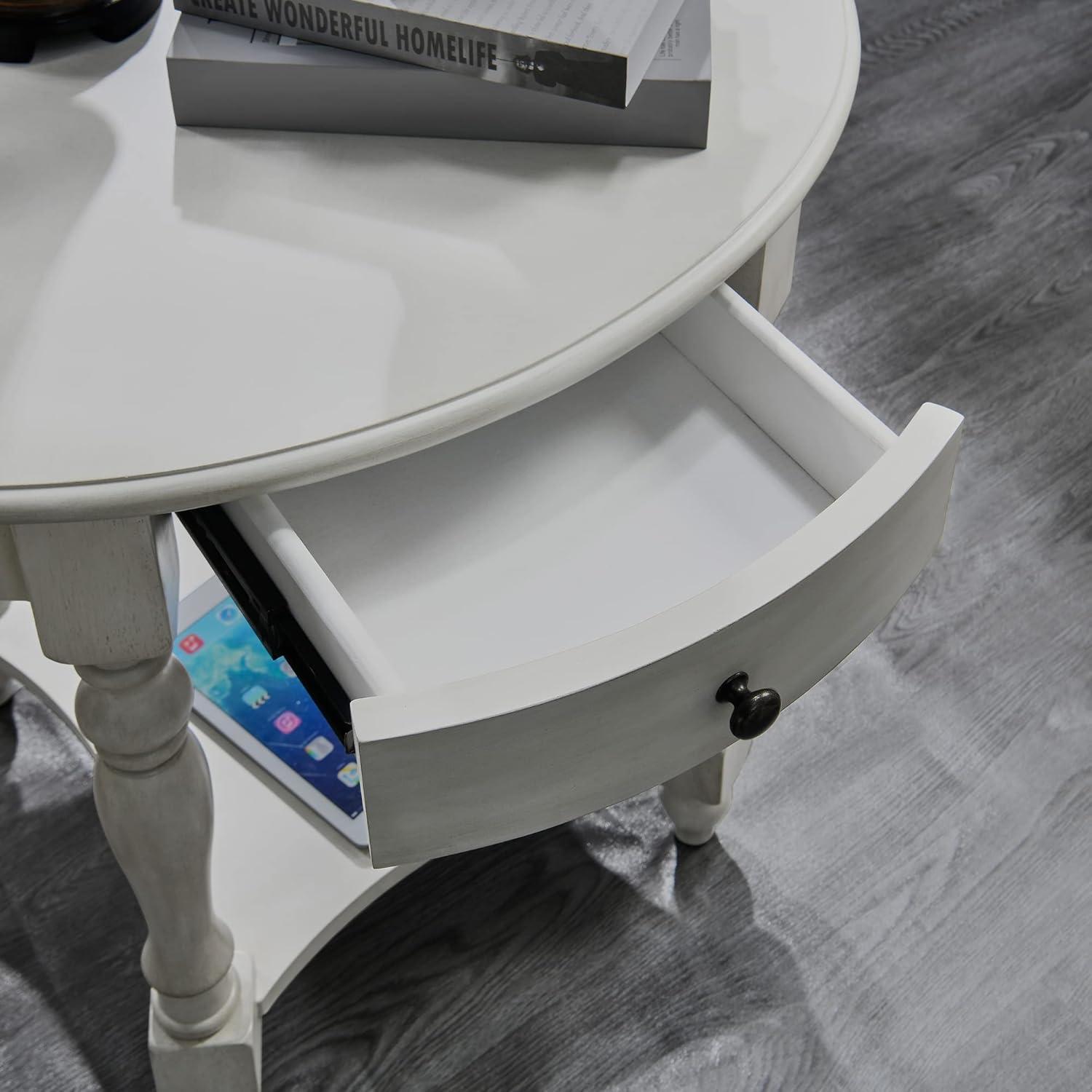 Solid Wood Oval End Table Sofa Table with Drawer and Storage Shelf Antique White - End Table