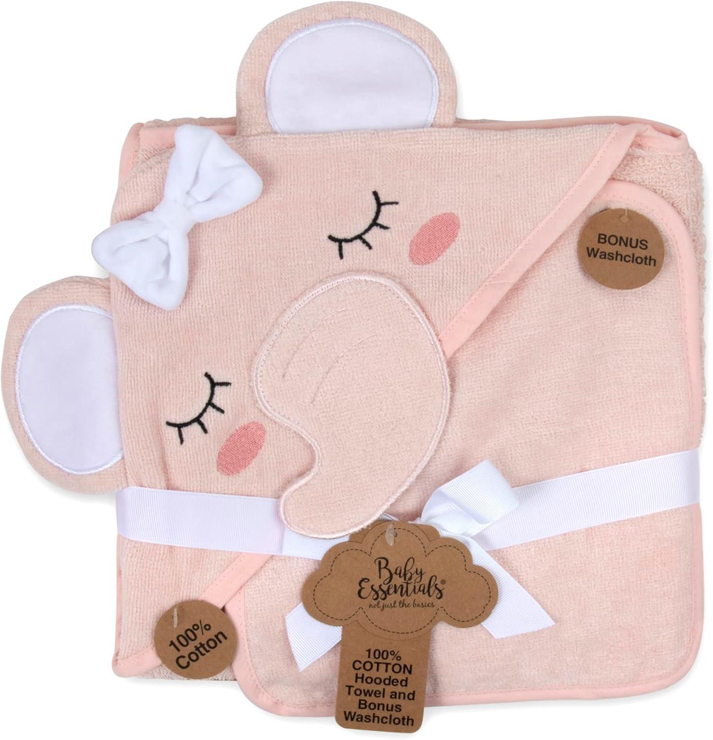 Delicate Pink Cotton Hooded Elephant Baby Washcloth and Towel Set