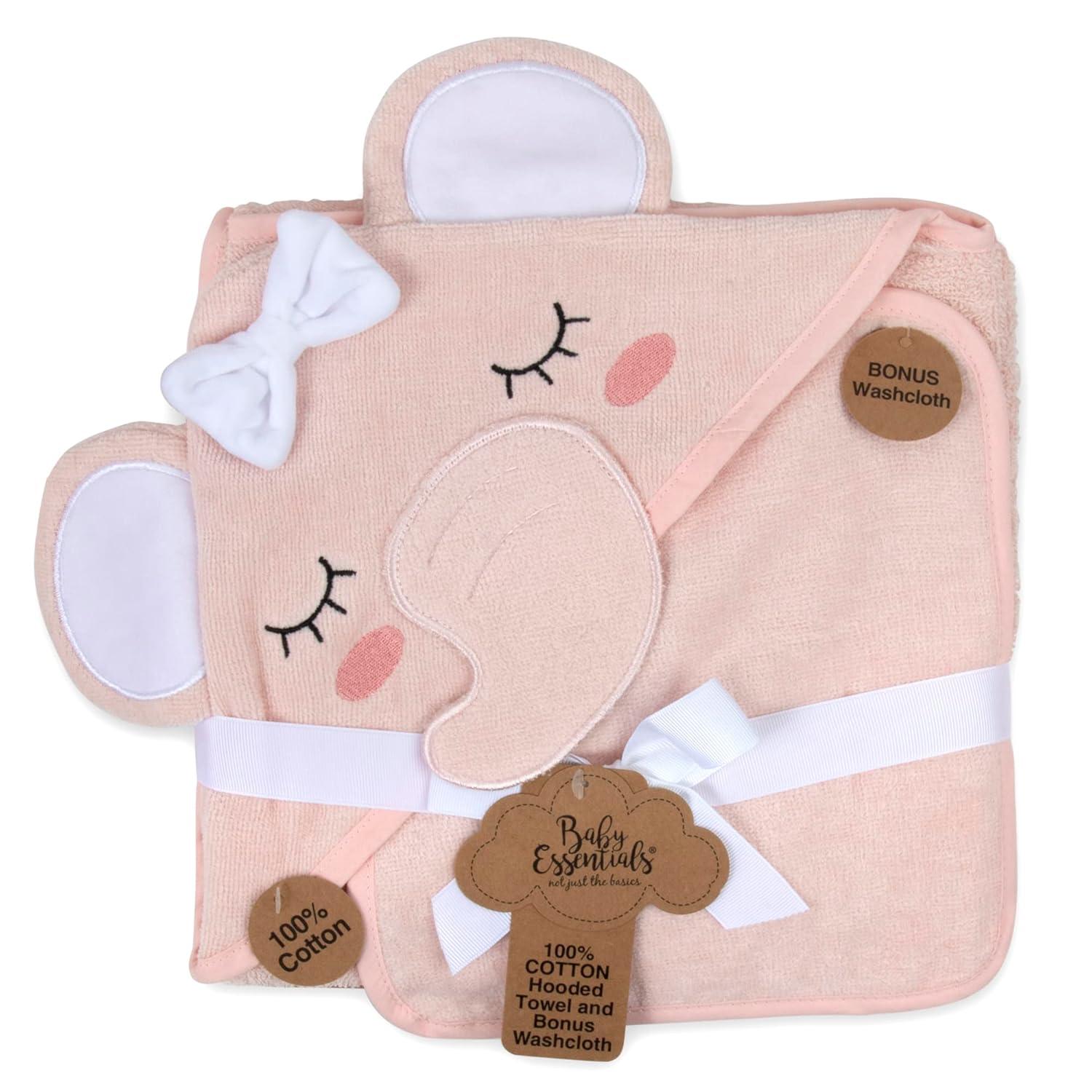 Delicate Pink Cotton Hooded Elephant Baby Washcloth and Towel Set