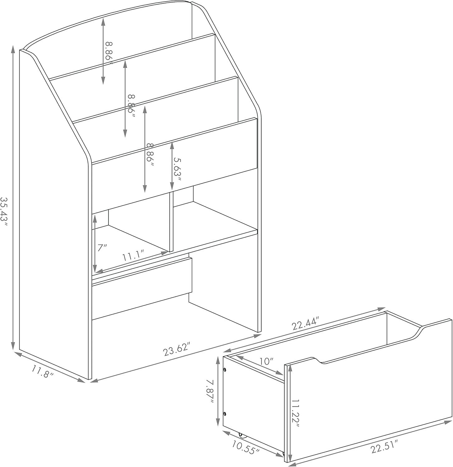 UTEX Kids Bookshelf Toy Organizer with Rolling Toy Box, White, 23.62” W x 11.8” D x 35.43” H