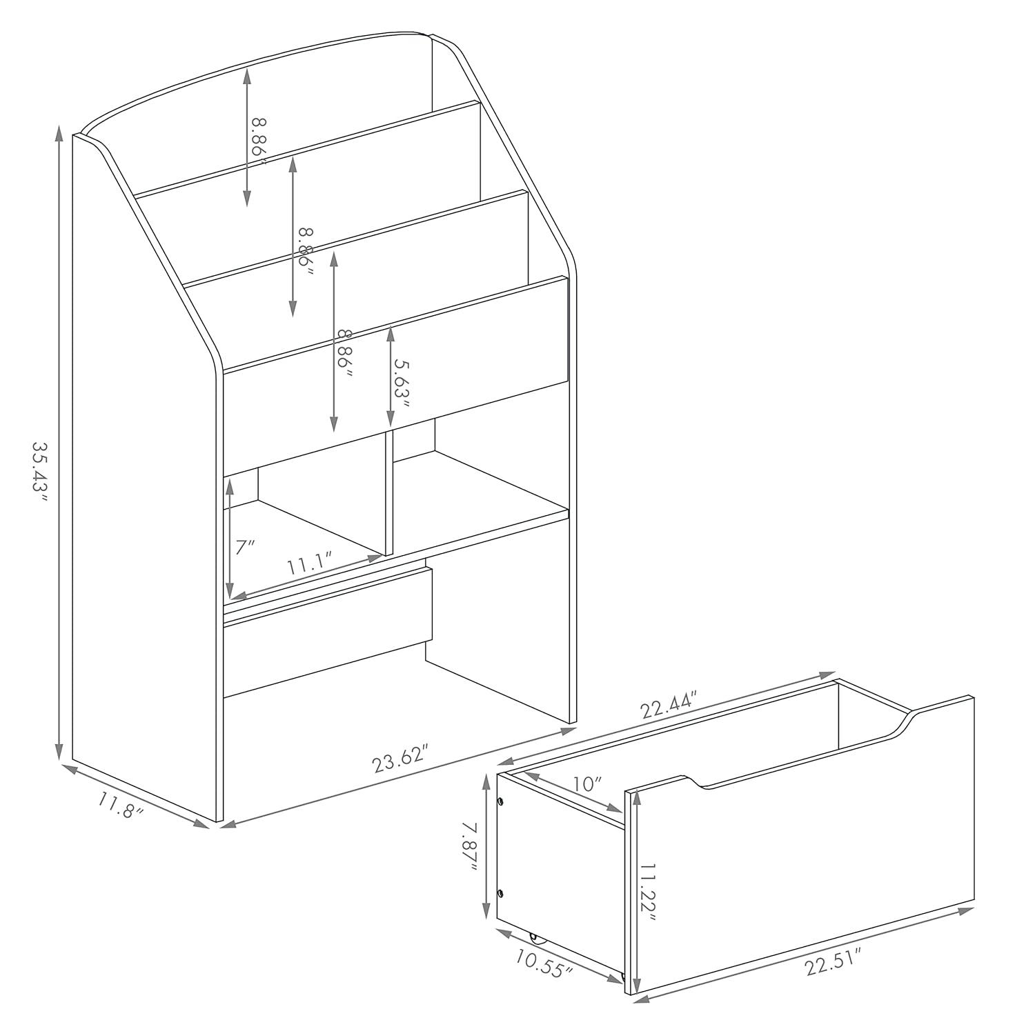 UTEX Kids Bookshelf Toy Organizer with Rolling Toy Box, White, 23.62” W x 11.8” D x 35.43” H