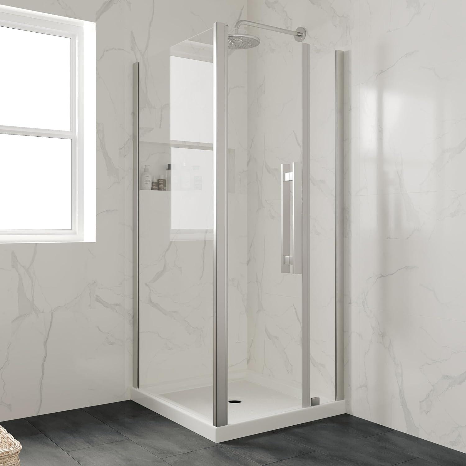 OVE Decors 34" x 32" Rectangle Shower Base Pan, White Acrylic, Center Drain, Reversible Design