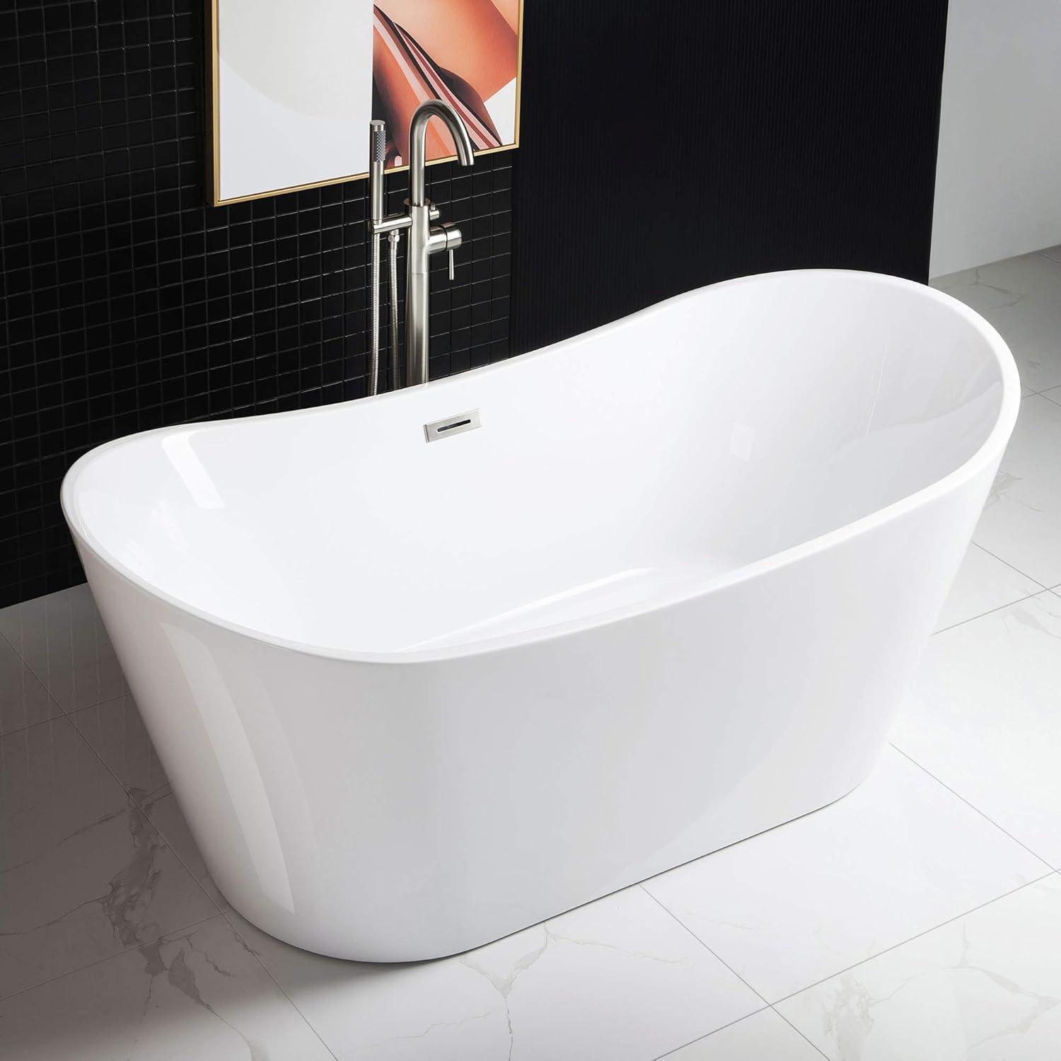 71'' White Acrylic Freestanding Soaking Bathtub with Brushed Nickel Drain