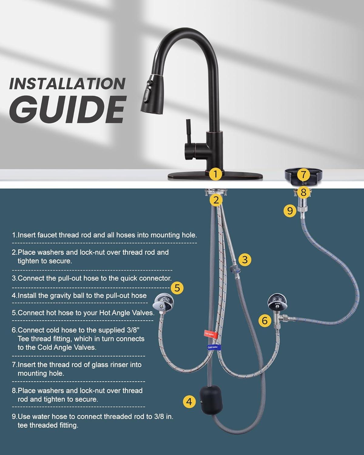 Wowow Kitchen Faucet with Glass Rinser, Stainless Steel Kitchen Sink Faucet and Cup Rinser Combo for Kitchen Sink, Oil Rubbed Bronze