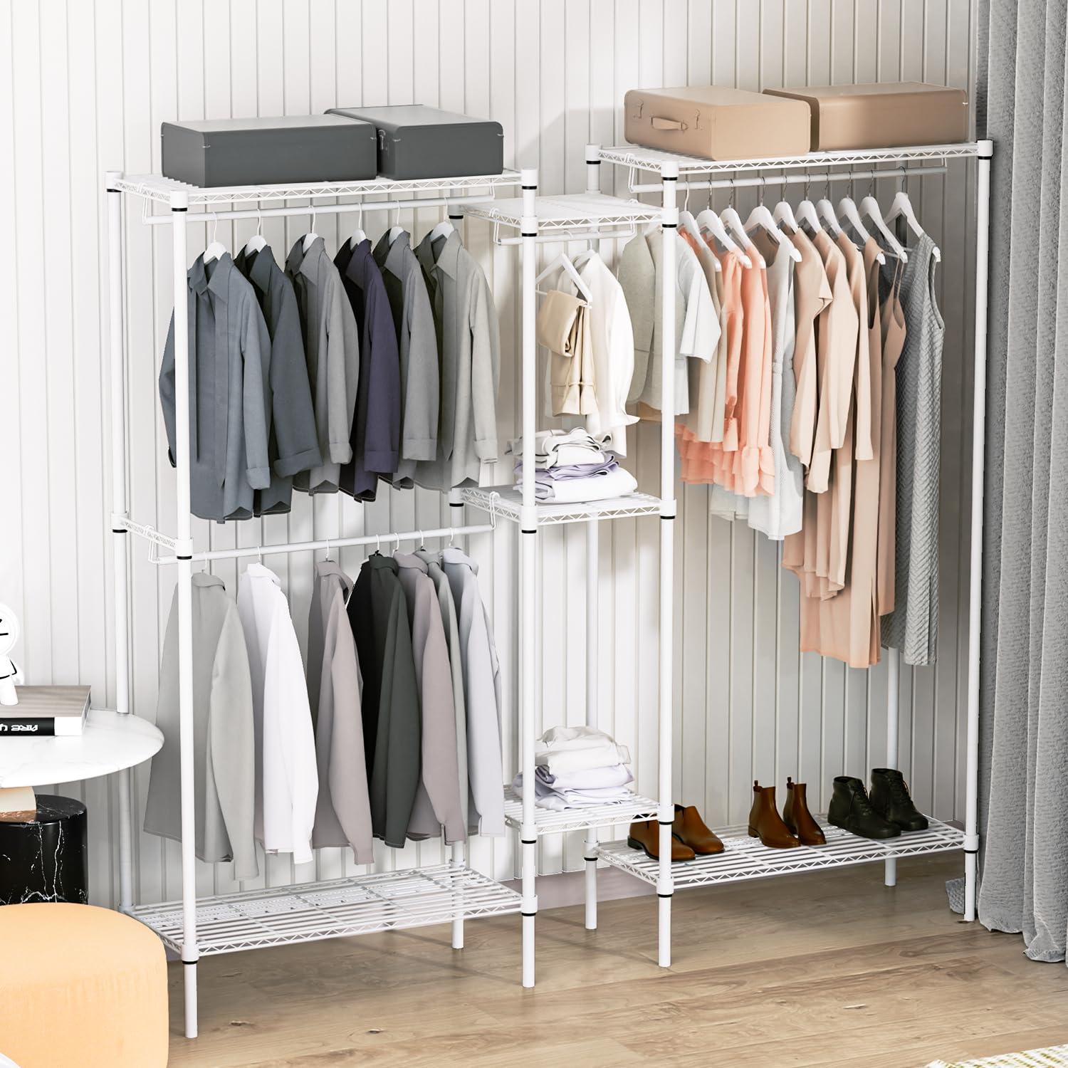 MoNiBloom Heavy Duty Clothes Rack L Shaped Clothing Rack for Corner, Wire Garment Rack Freestanding Wardrobe Rack for Bedroom, 73"Lx13.5"Wx71"H, White