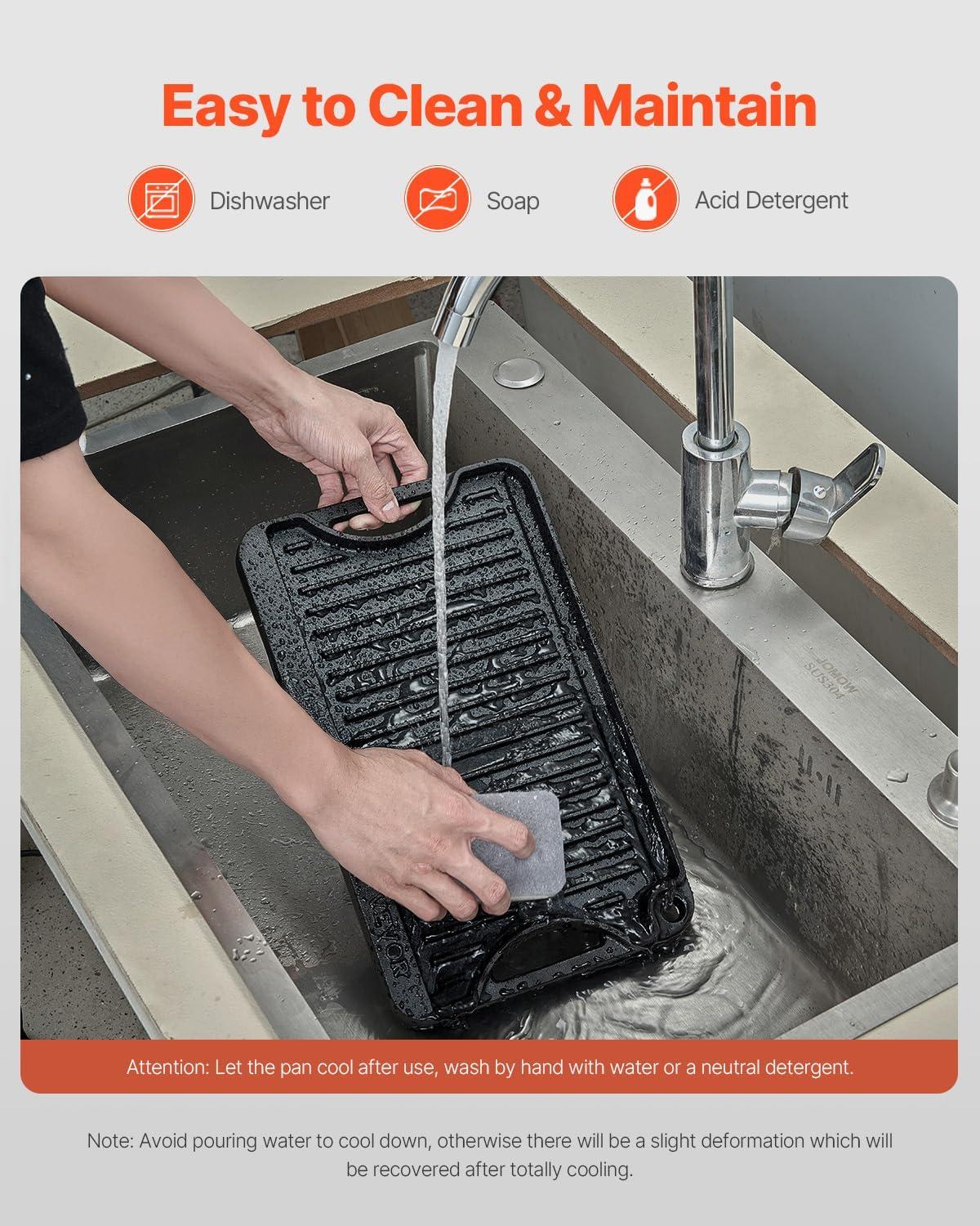 VEVOR Reversible Grill/Griddle, 14x8.5 inch Pre-Seasoned Cast Iron Griddle, Portable Rectangular Pan with Handle, Family Cookware for Indoor/Outdoor Stove Top Burner, Gas, Camping BBQ, Black