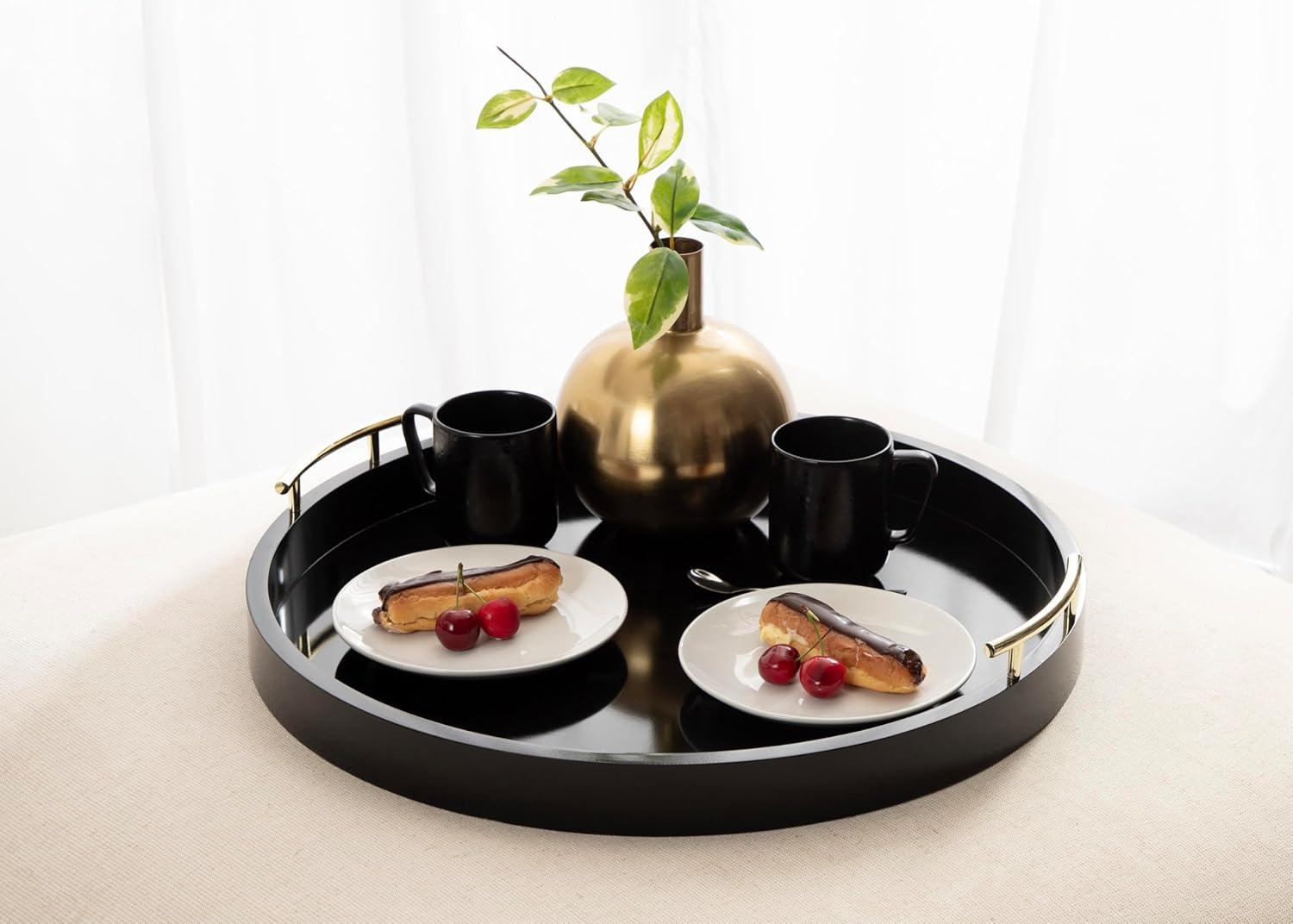Kate and Laurel Lipton Round Decorative Tray with Metal Handles, 22" Diameter, Black