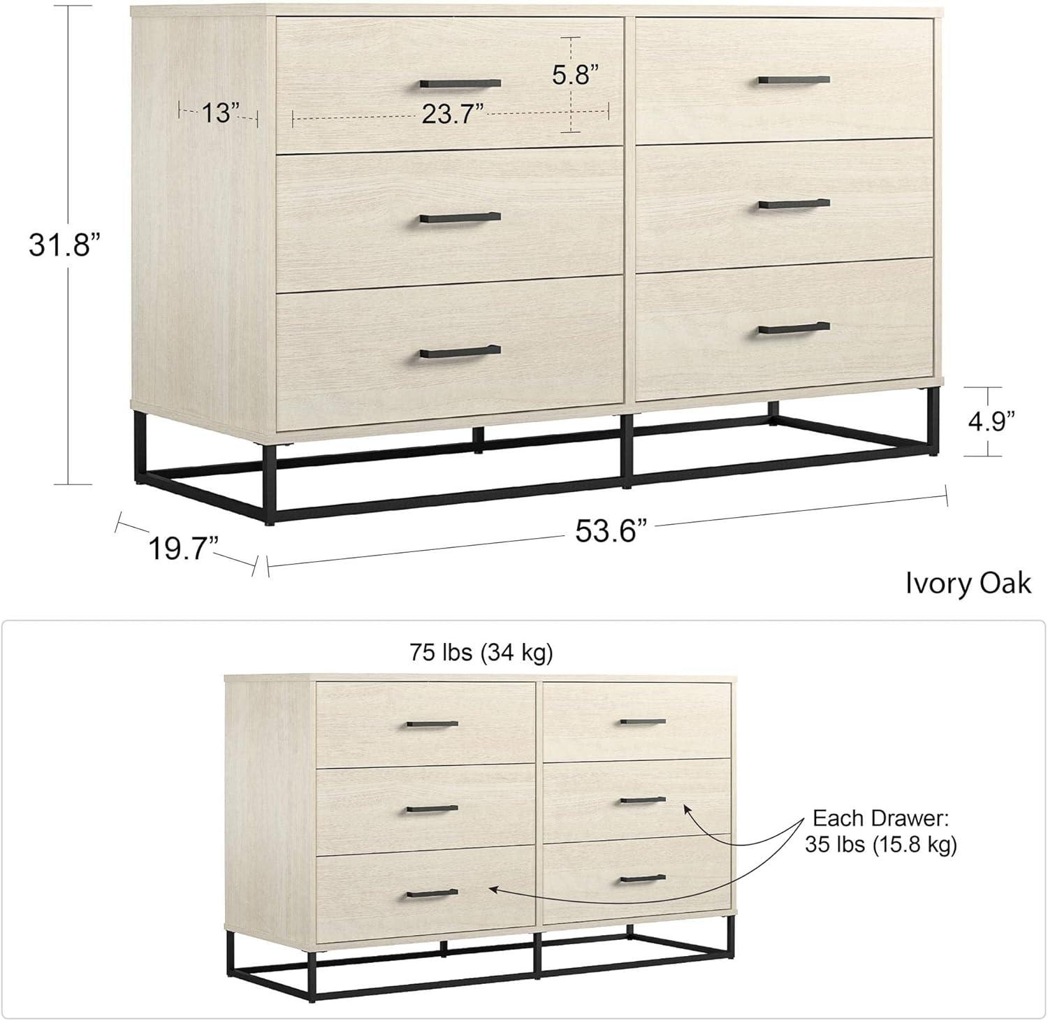 Coastal Black Oak & Faux Rattan 6-Drawer Dresser