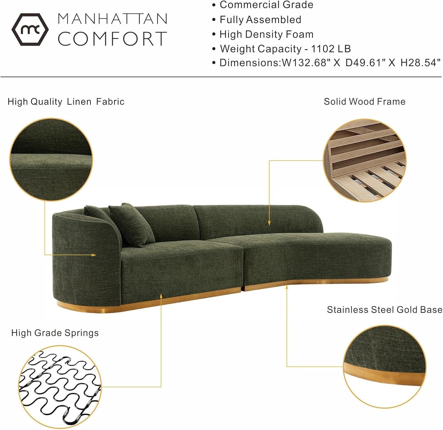 131.89" Daria Linen Upholstered Sofa Sectional with Pillows Olive Green - Manhattan Comfort