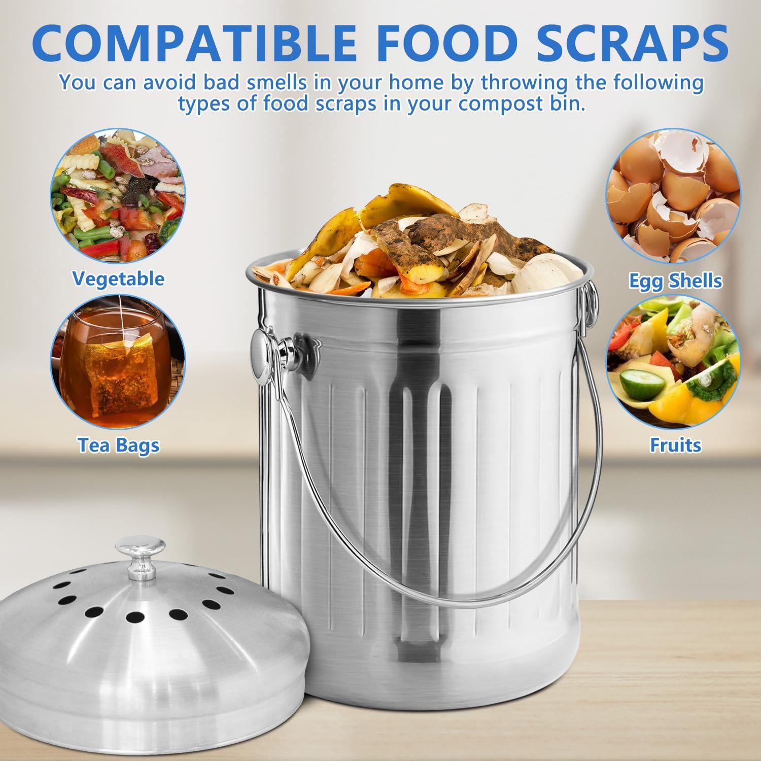 Stainless Steel 1.3 Gallon Kitchen Compost Bin with Handle