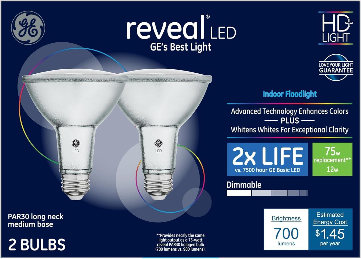 GE Reveal 2-Pack 75 W Equivalent Dimmable Flood Color-Enhancing Par30 Longneck LED Light Fixture Light Bulbs