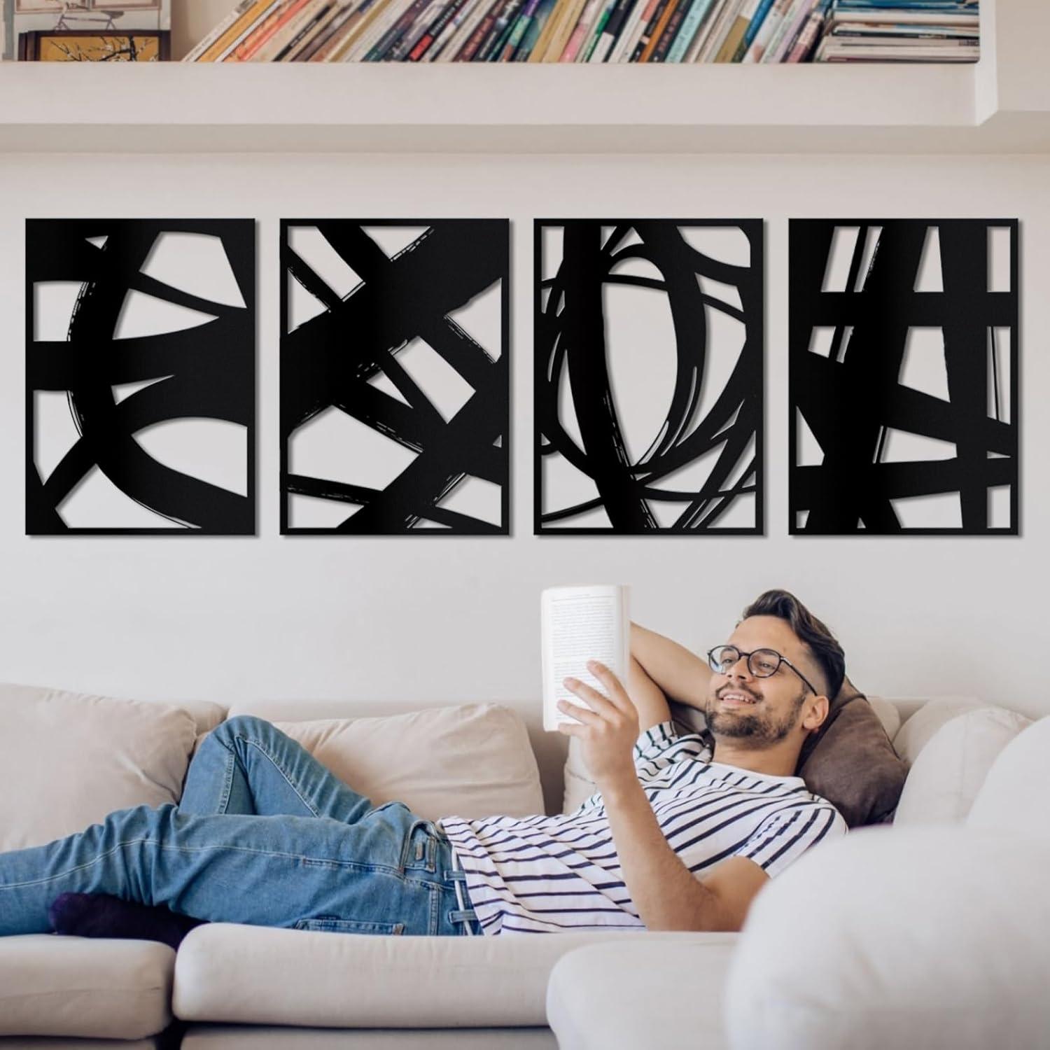 WINUSD 4Pcs Abstract Black Metal Wall Art, 3D Textured Metal Wall Decor, Modern Hollow Out Design Metal Wall Sculptures, Minimalist Line Art Home Decor for Living Rooms Offices Restaurants(16 x 11)