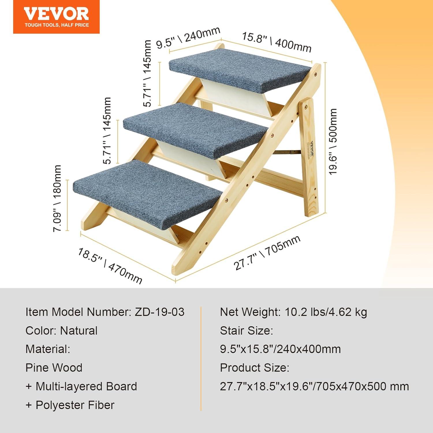 VEVOR Wood Pet Stairs/Pet Steps, 2-in-1 Foldable Wooden Dog Stair for Beds, Sofa and Cars, Dog Stairs  Ramp with 3 Steps for Small Medium Large Pet, up to 150 lbs
