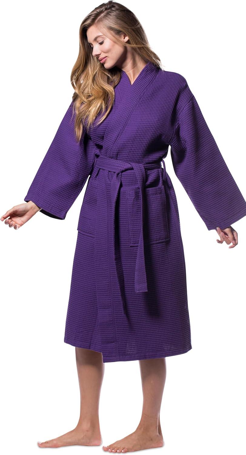 Turquaz Linen Lightweight Long Waffle Kimono Unisex Spa Robe (Small/Medium, Purple)