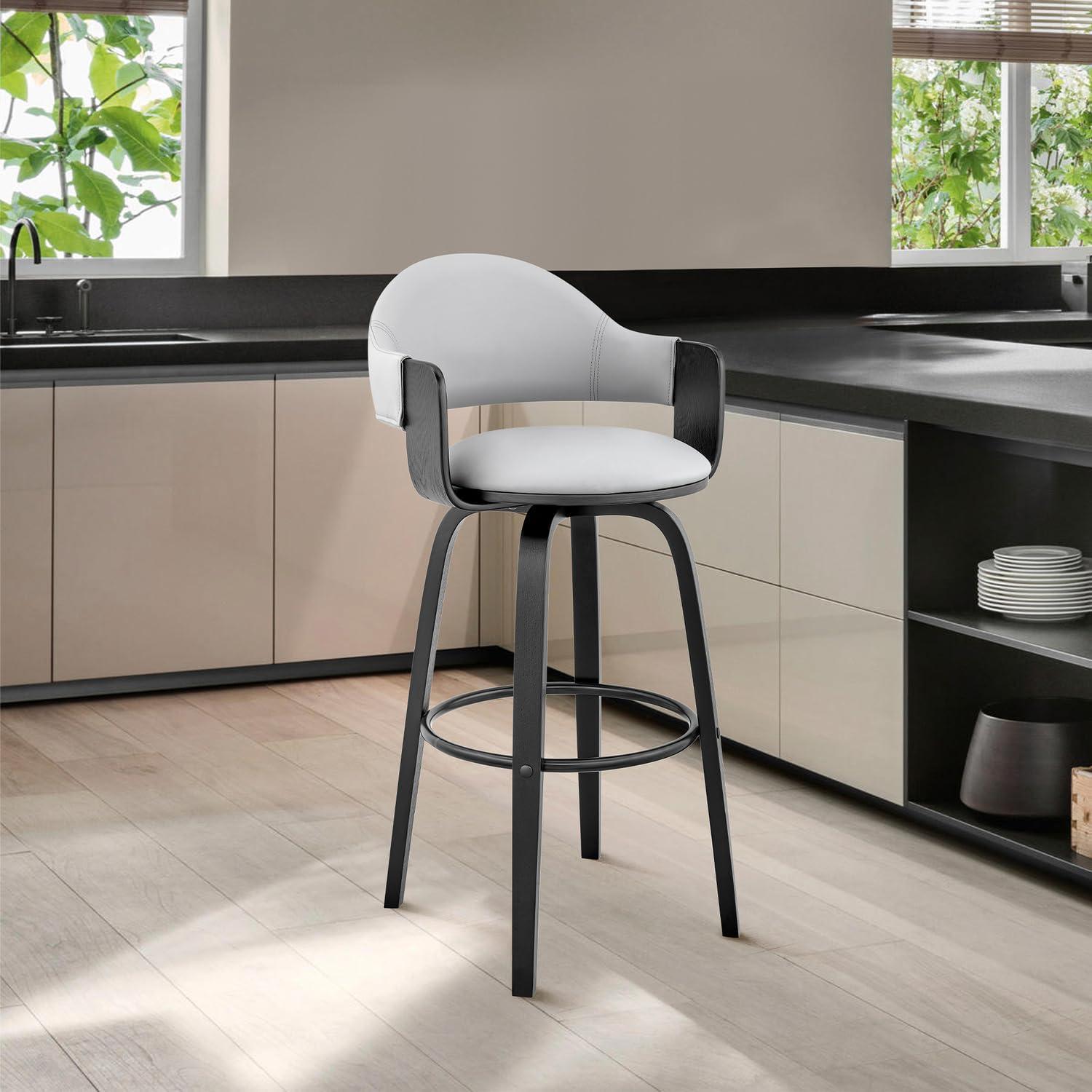 30" Daxton Counter Height Barstool with Gray Faux Leather Seat Black Finish Frame - Armen Living: Swivel, Footrest, Wood Frame