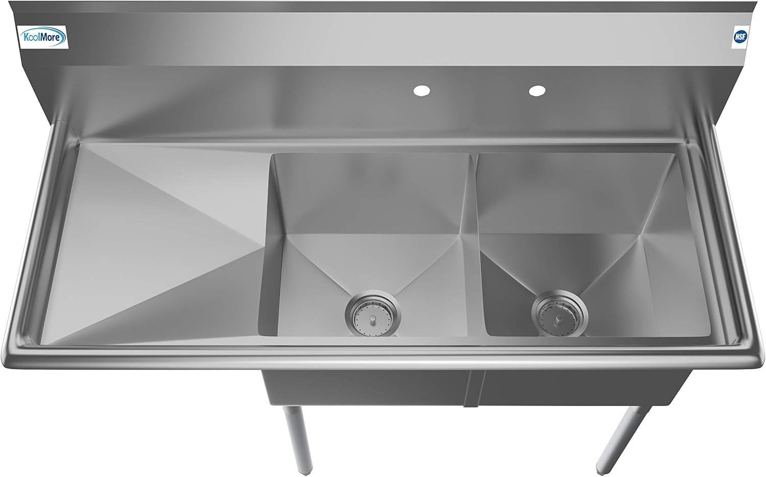 KoolMore 2 Compartment Stainless Steel NSF Commercial Kitchen Prep & Utility Sink with 2 Drainboards - Bowl Size 15" x 15" x 12", Silver, Left Drainboard