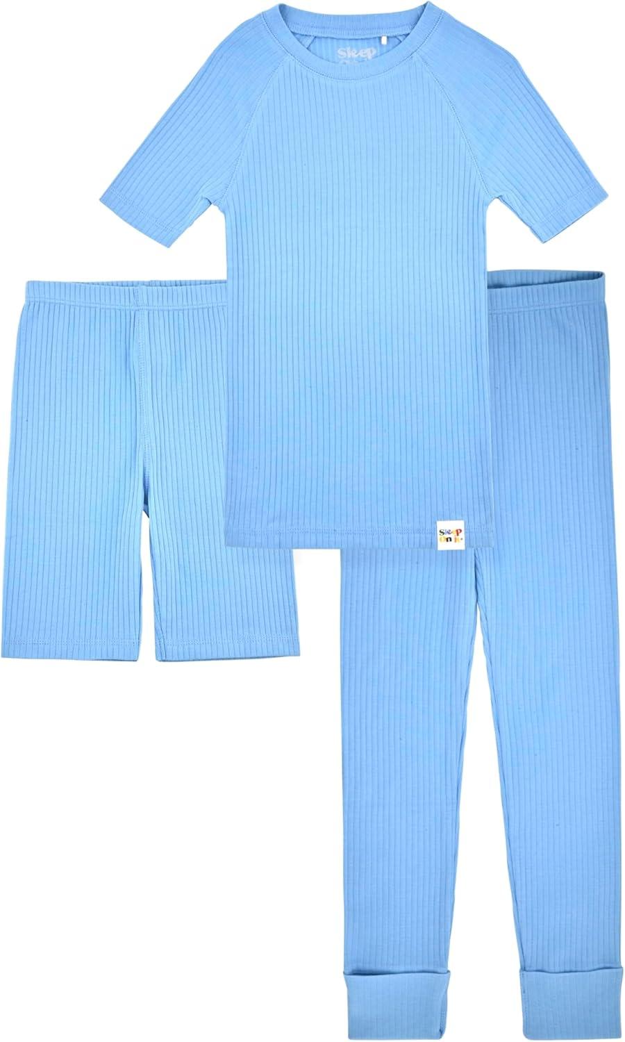 Sleep On It 100% Organic Cotton Rib Knit Snug-Fit 6-Piece Pajama Sets for Boys & Girls, Green & Light Blue Size 5