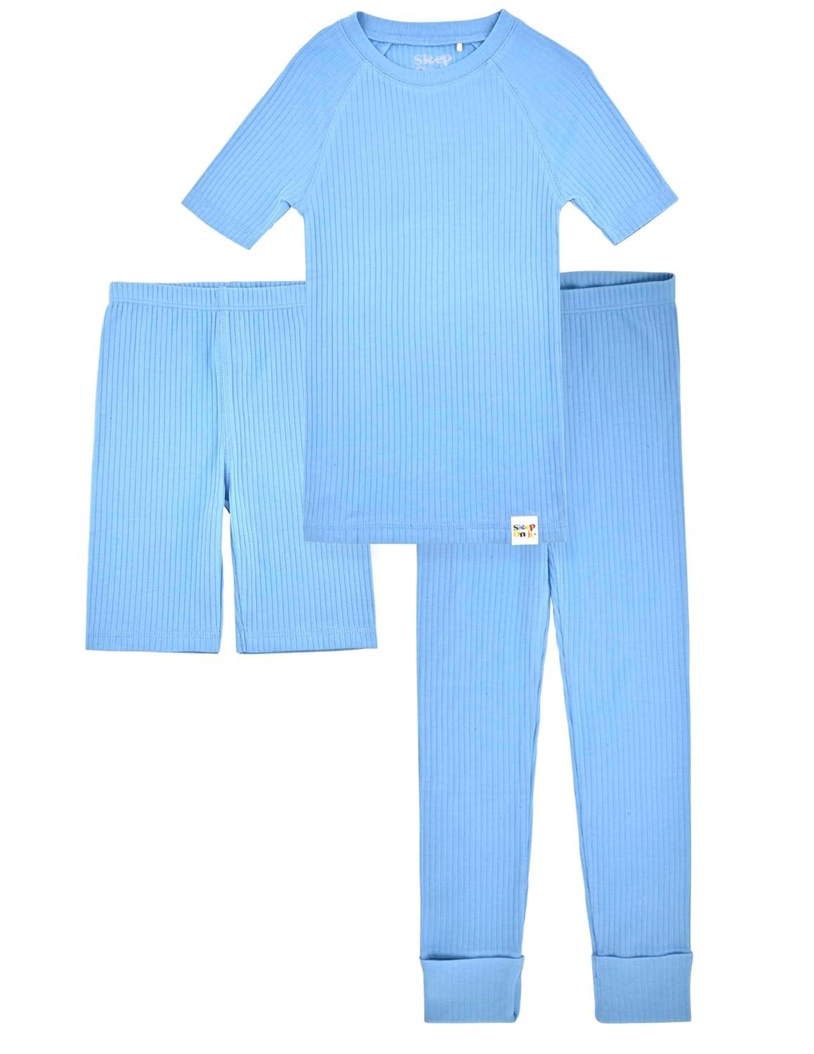 Sleep On It 100% Organic Cotton Rib Knit Snug-Fit 6-Piece Pajama Sets for Boys & Girls, Green & Light Blue Size 5