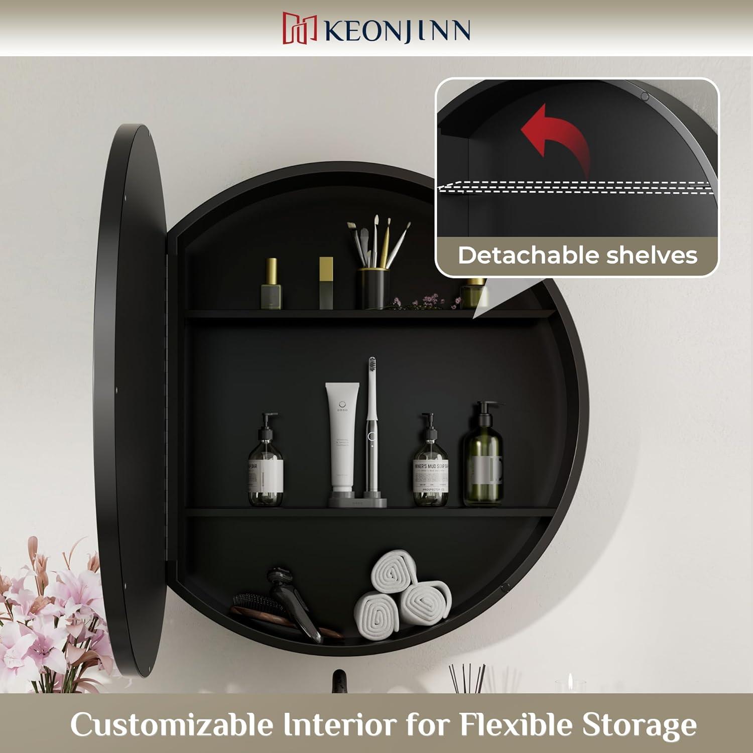 keonjinn WF-JSKJG-YX-R50-bk Gervon Round Wall Mounted Medicine Cabinet with Shelves