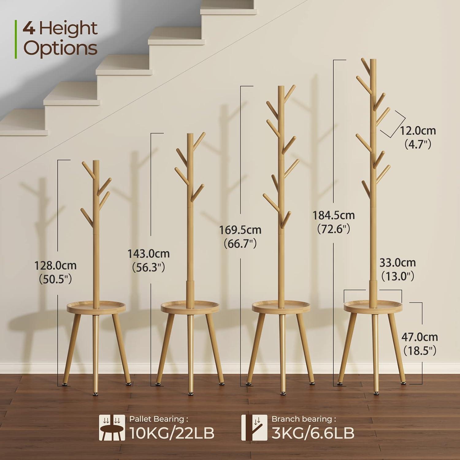 GREENSTELL Coat Rack with 8 Hooks, Wooden Coat Rack Freestanding with Shelf, Coat Tree with 4 Height Options 50.5"-72.6", Coat Hanger Stand for Bags, Clothes, Umbrellas, Hats, in Home, Natural