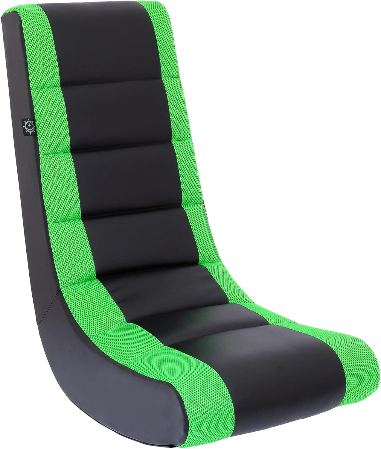 The Crew Furniture Classic Video Rocker Floor Gaming Chair, Kids and Teens, PU Faux Leather & Polyester Mesh, Black/Green