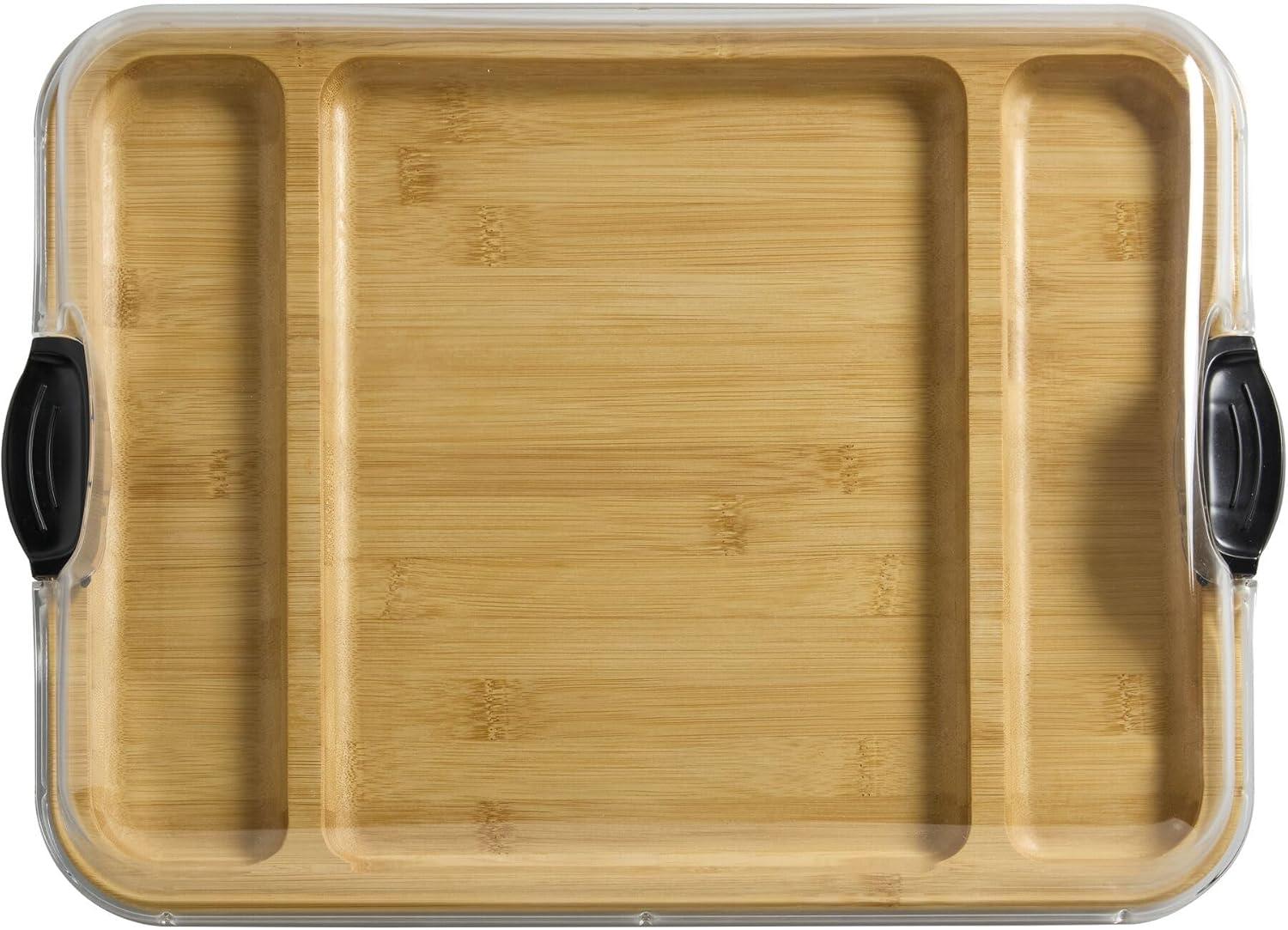 Farberware 12"x16" Build-a-Board Charcuterie 3 pocket Bamboo Board with Locking Lid/ Black Handle