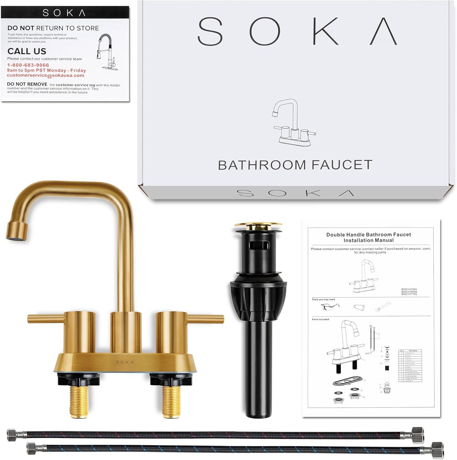 Centerset Bathroom Faucet 2 Handles 4 Inch Commercial Hand Sink Touch Faucets 3 Hole Bathroom Sink Faucet Gooseneck, Gold