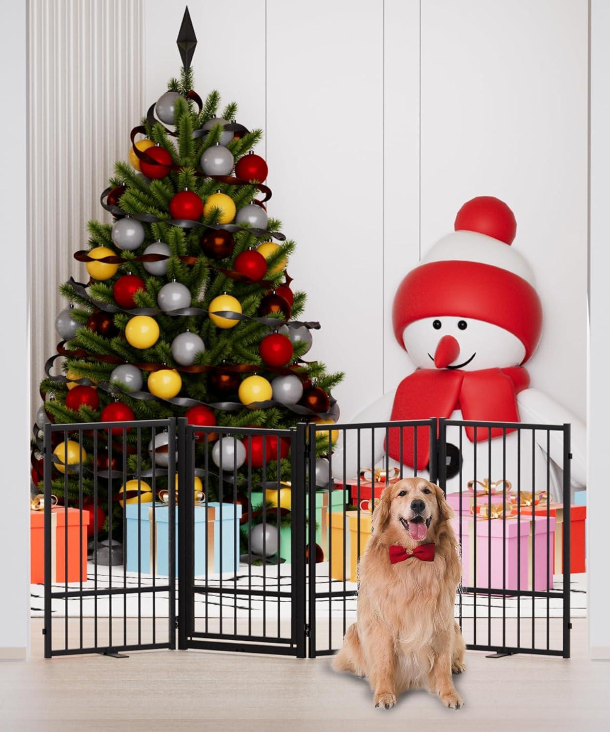 Full Matel Freestanding Dog Gate With Door, 32 Inch Height Foldable Pet Dog Fence Extra Wide Free Standing Small Dog Gates For Doorways,House,Stairs,Porch,Deck,Yard