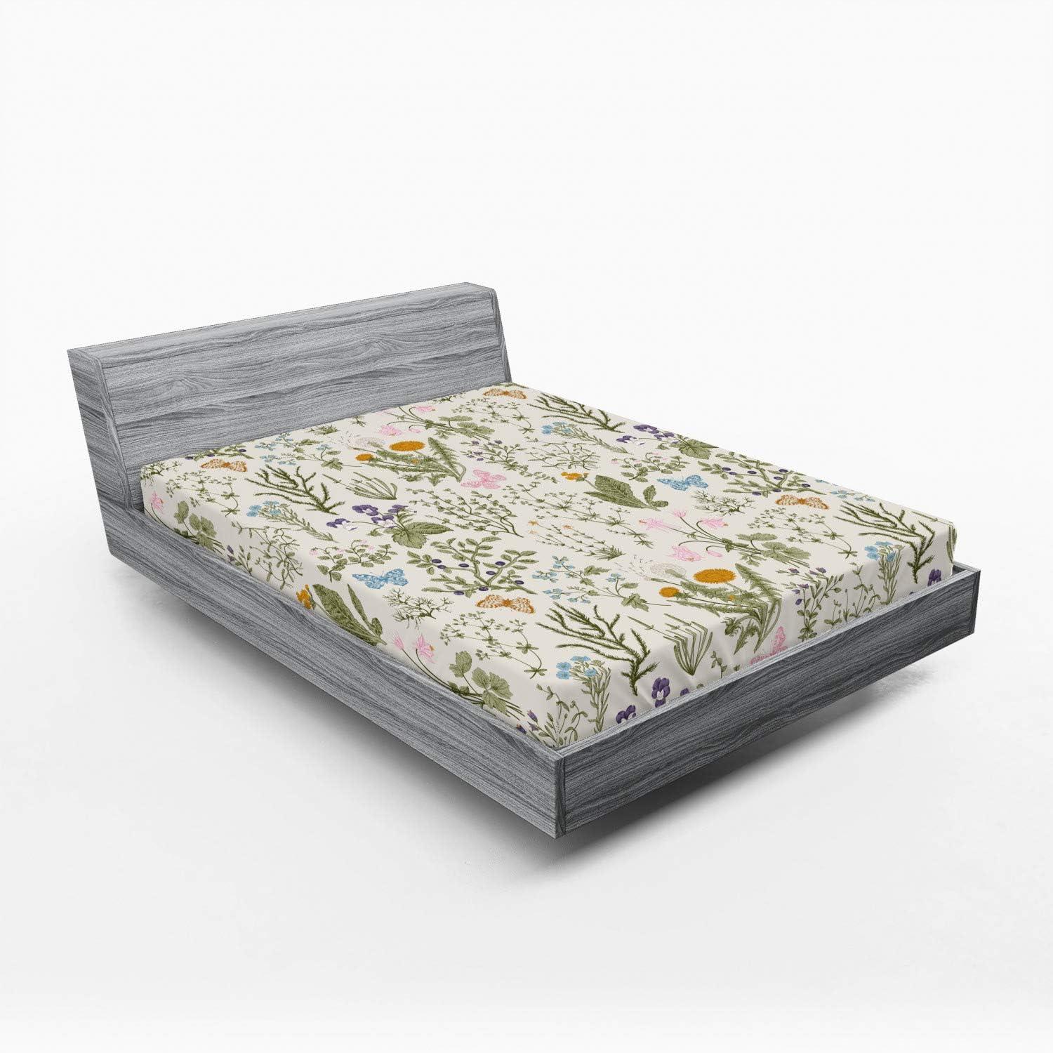 Floral Botanical Print Queen Microfiber Fitted Sheet