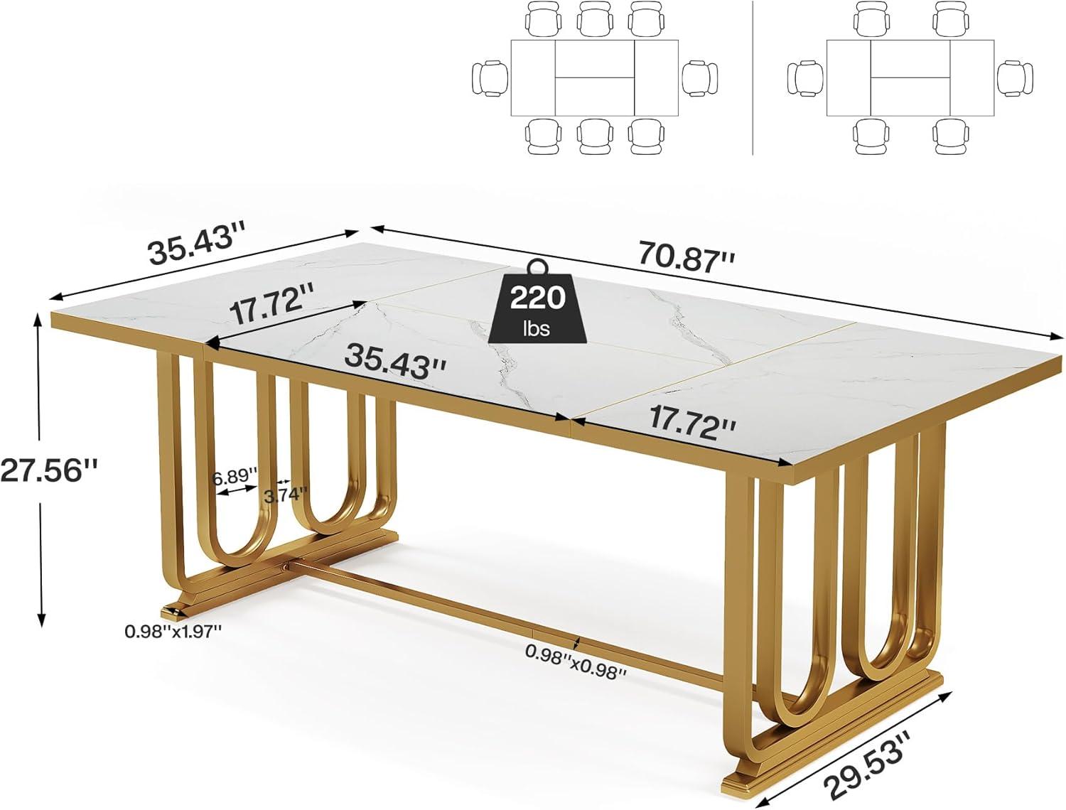 Tribesigns Dining Table for 6-8, 70.87" Rectangle Kitchen Table with Faux Marble Tabletop and Metal Legs for Dining Room