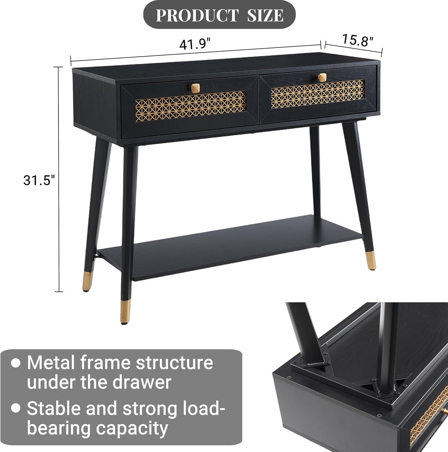 JYED Mid Century Modern Console Table with Gold Accent - 66" Entryway Table with Drawers, Faceted Taper Legs & Ventilated Storage for Hallway (Black)