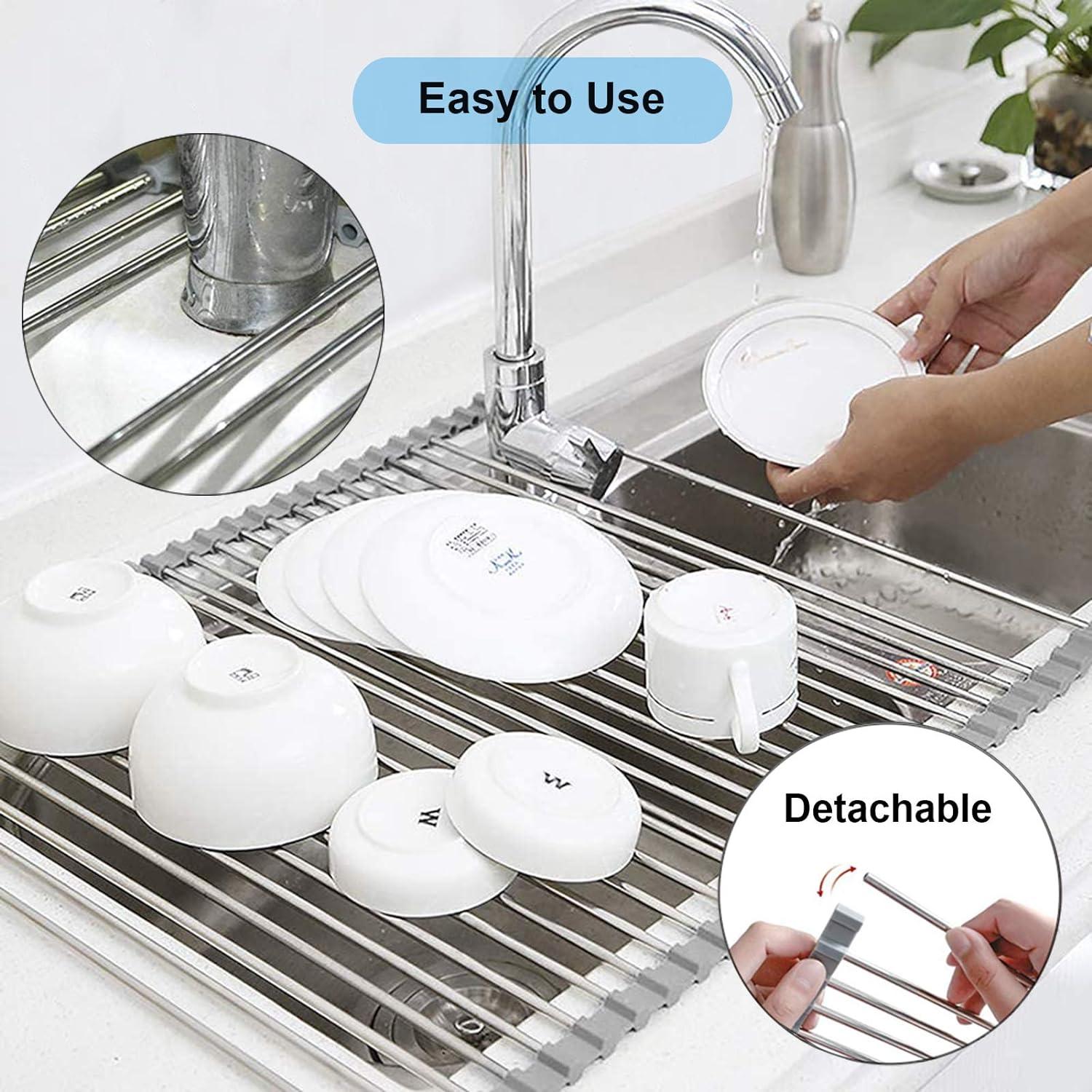 Over The Sink Dish Drying Rack, Searik Roll up Sink Dish Drainer Rack Multipurpose Foldable Kitchen Stainless Steel Dish Rack Sink Drying Rack (17.7” x 11.8”)