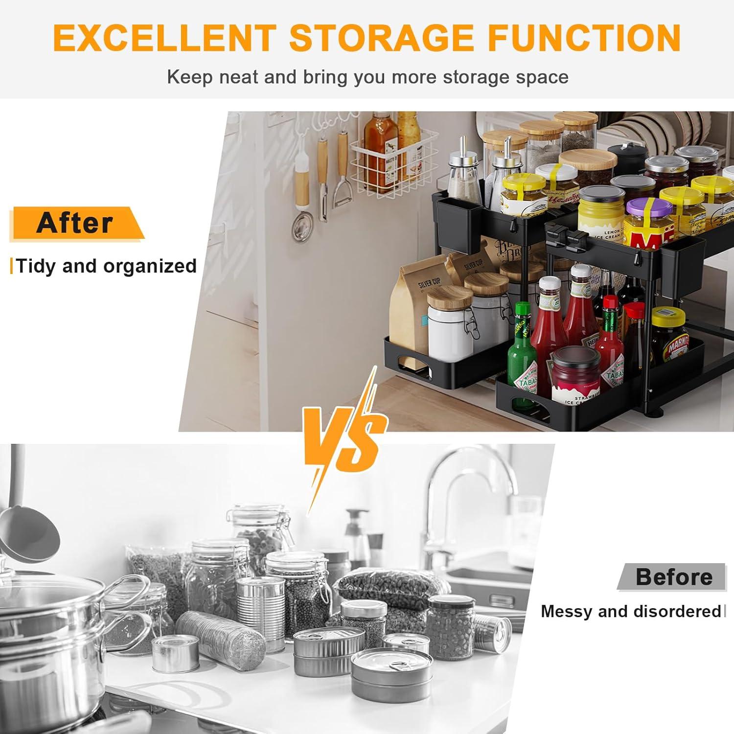 Rebrilliant Under Sink Organizers And Storage, 2 Pack Height Adjustable Bathroom Cabinet Organizer, 2 Tier Sliding Under Sink Organizer, Sturdy Pull Out Bathroom Storage, With 12 Hooks & Hanging Cups, Black