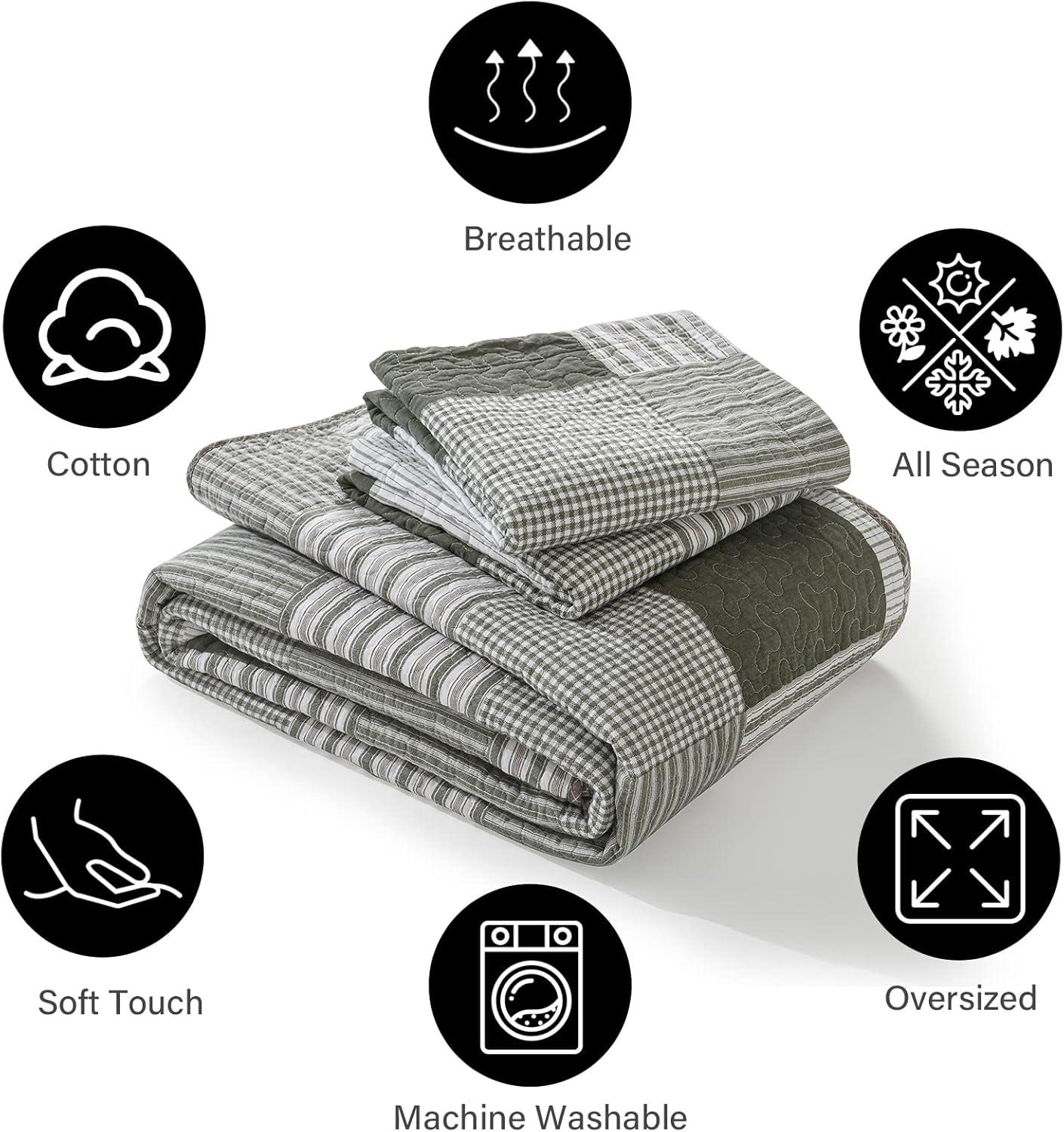 Y-PLWOMEN 100% Cotton Quilt King Size - Plaid Quilt Farmhouse Lightweight Quilted Bedspread, King Comforter Set, Soft Bed Spread for King Bed with Pillow Shams