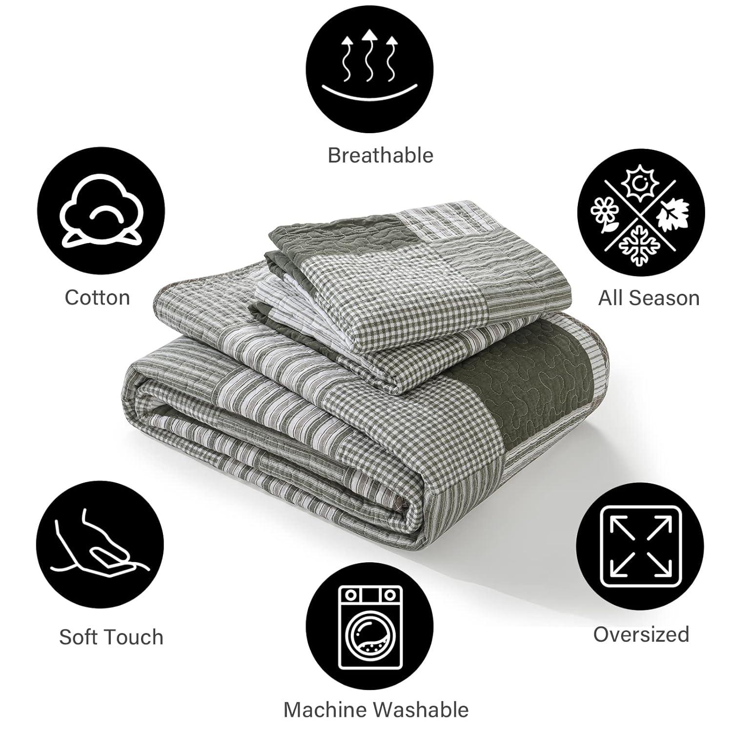 Y-PLWOMEN 100% Cotton Quilt King Size - Plaid Quilt Farmhouse Lightweight Quilted Bedspread, King Comforter Set, Soft Bed Spread for King Bed with Pillow Shams