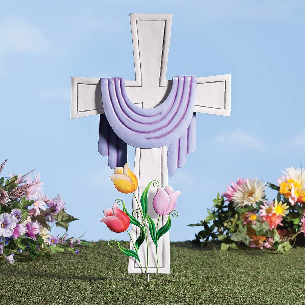 Fox Valley Traders Metal Easter Cross with Purple Scarf Weatherproof Garden Stake, 15” x 28”