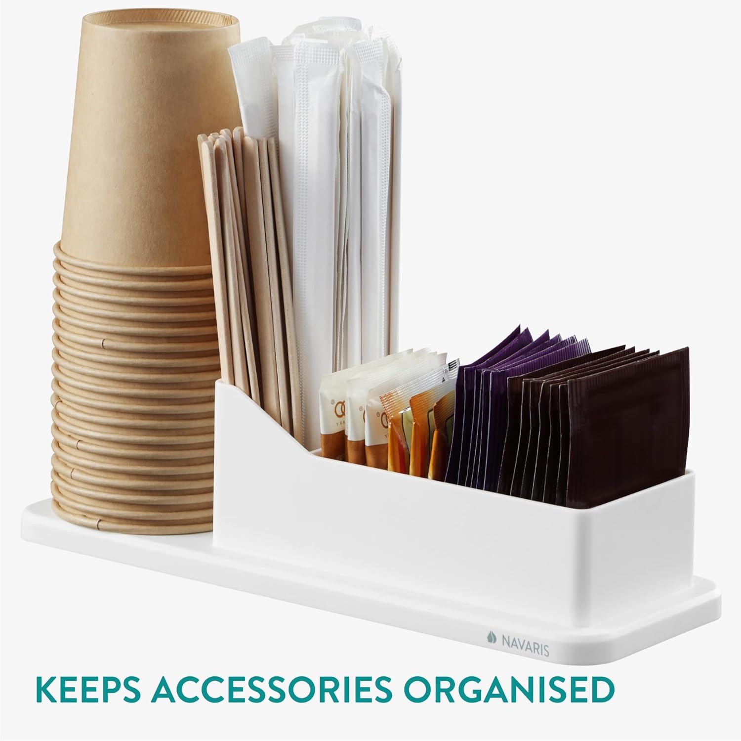 Navaris Small Coffee Station Organizer - Tea and Coffee Condiment Supplies Holder with Stacking Cup Storage - For Kitchen or Office Break Room - Black