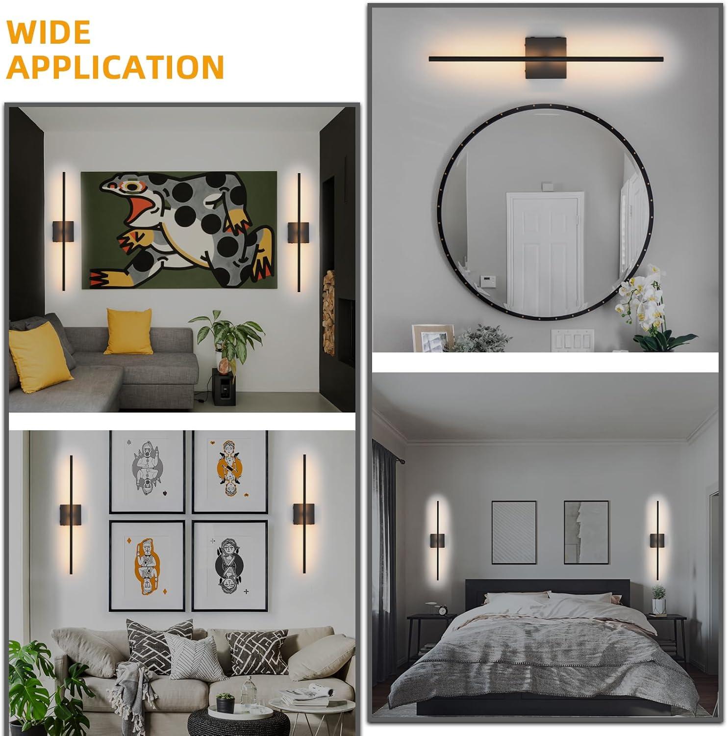 Modern Wall Sconces Set of Two, Dimmable Hardwired Wall Sconces, 350° Rotate, LED Matte Black Wall Light Fixtures, 3000K Warm Light Wall Lamp for Bathroom, Living Room, 27.8 Inch (2 Pack)